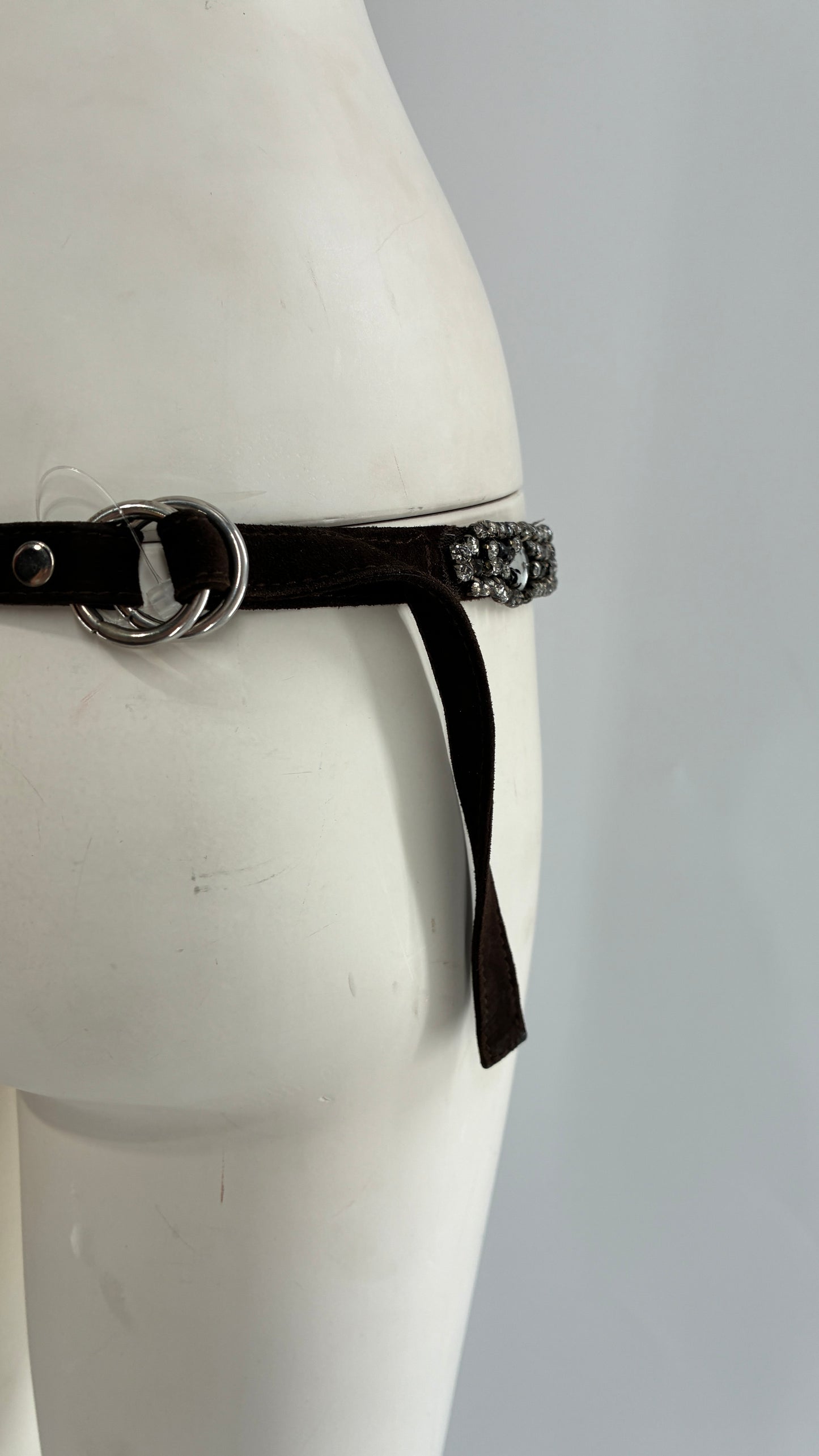 Vintage Brown Suede Leather Scalloped Belt Covered in Rhinestones and Heavy Ornate Beading