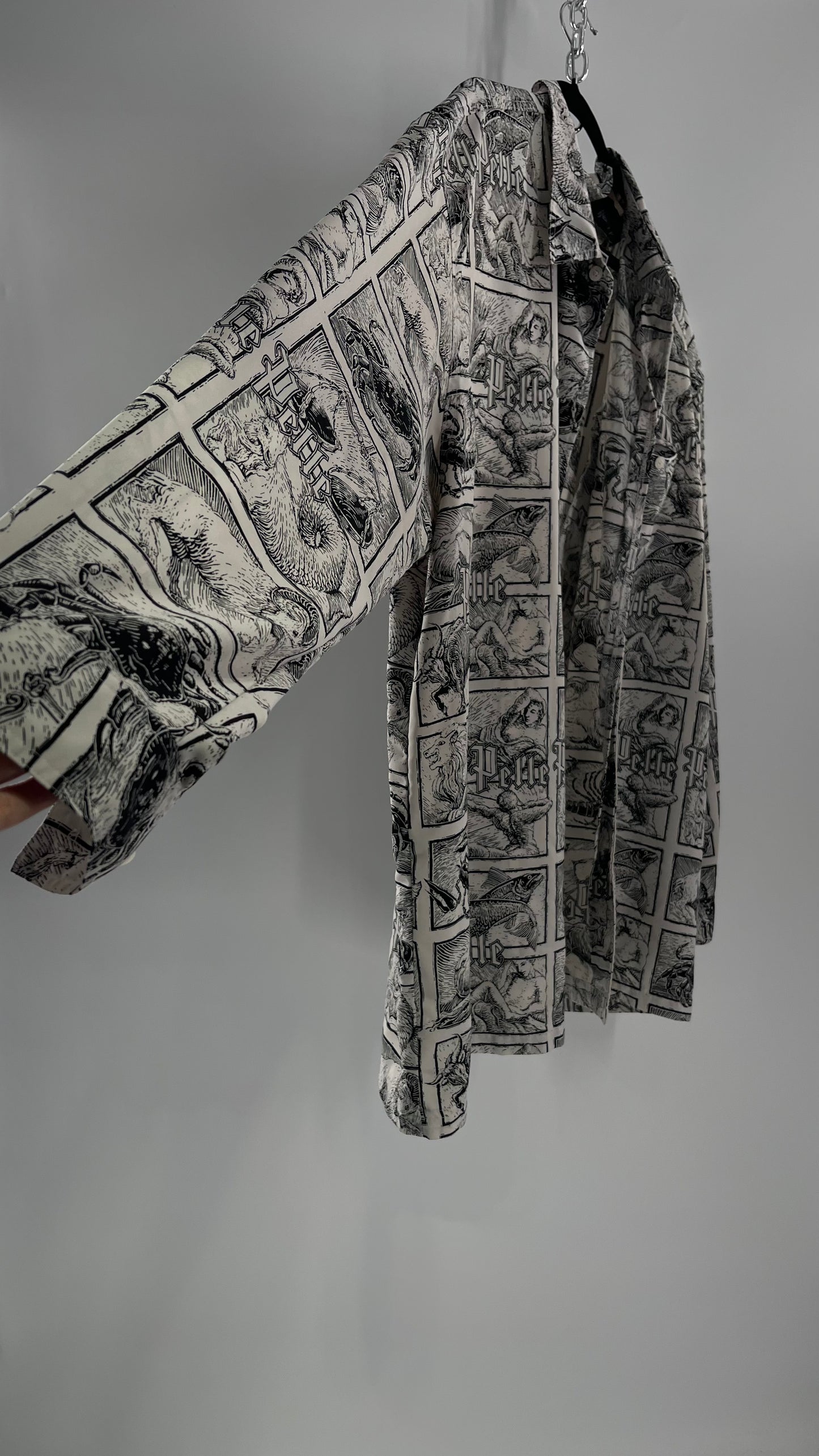 Extremely Rare Vintage PELLE PELLE Zodiac Astrology Comic Strip Graphic Long Sleeve Button Up (3X)