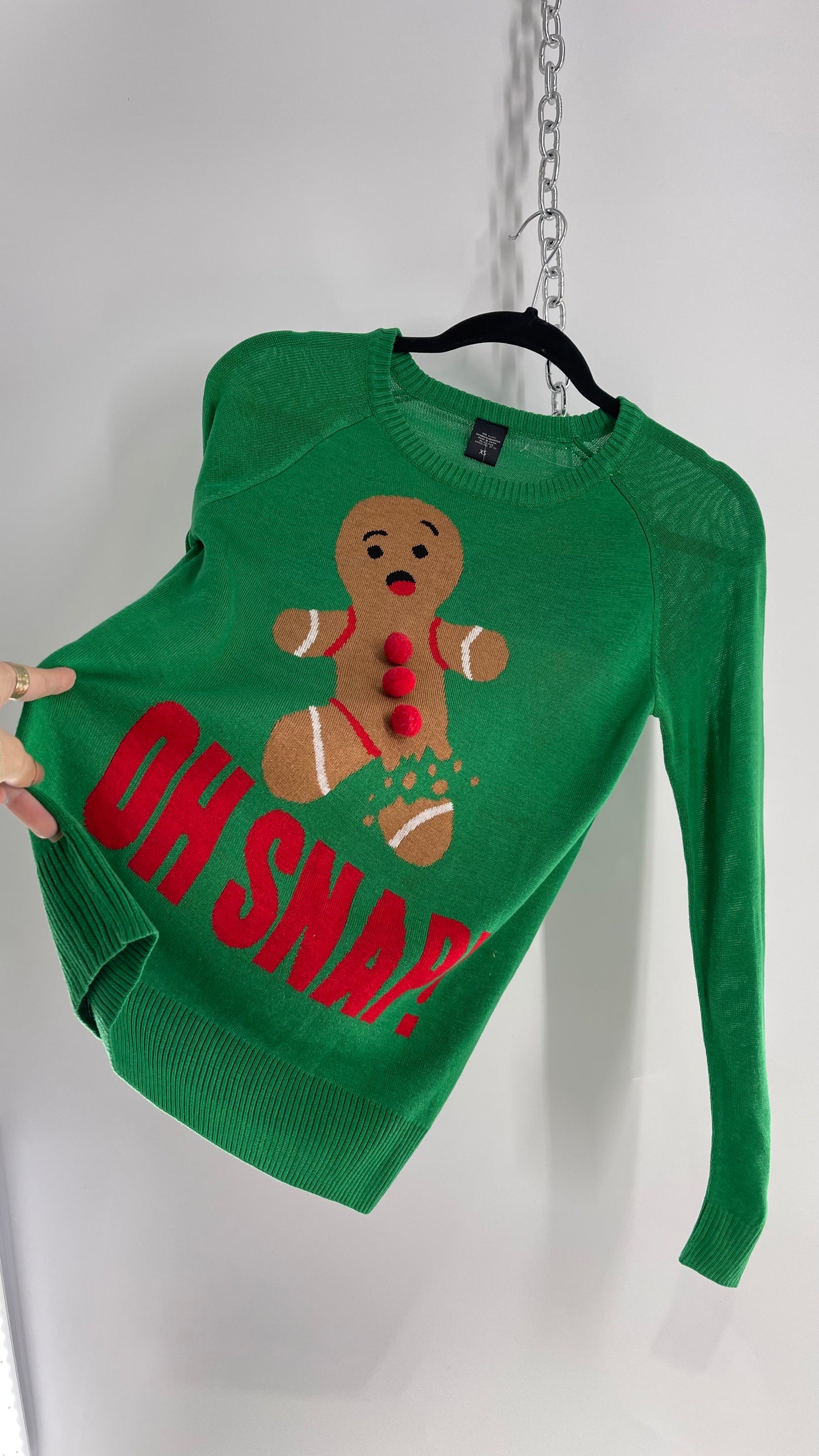 Vintage Green Oh Snap Gingerbread Man Sweater (XS)