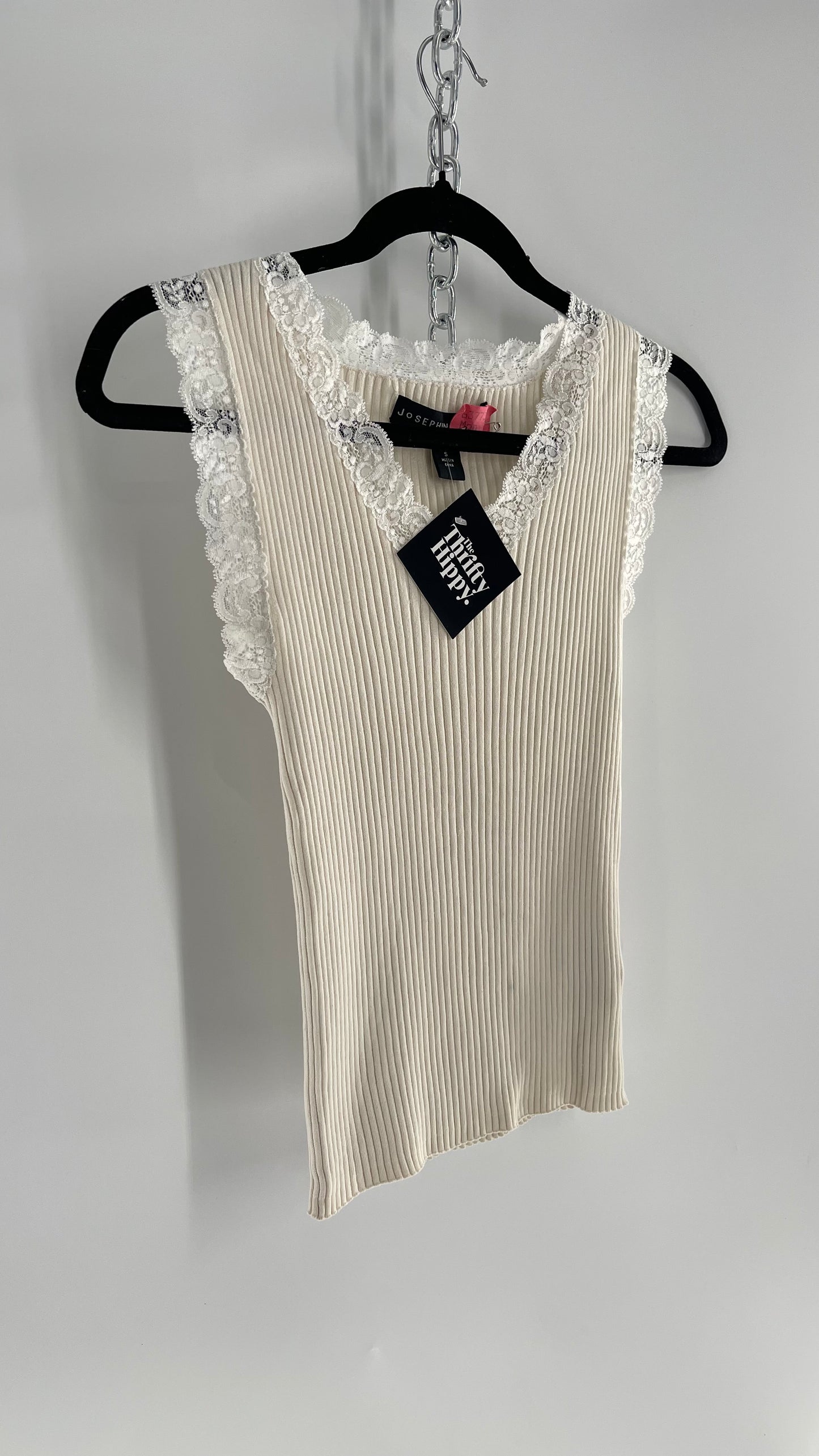 Vintage Josephine Chaus Ribbed Beige Tank with Lace Lining (Small)