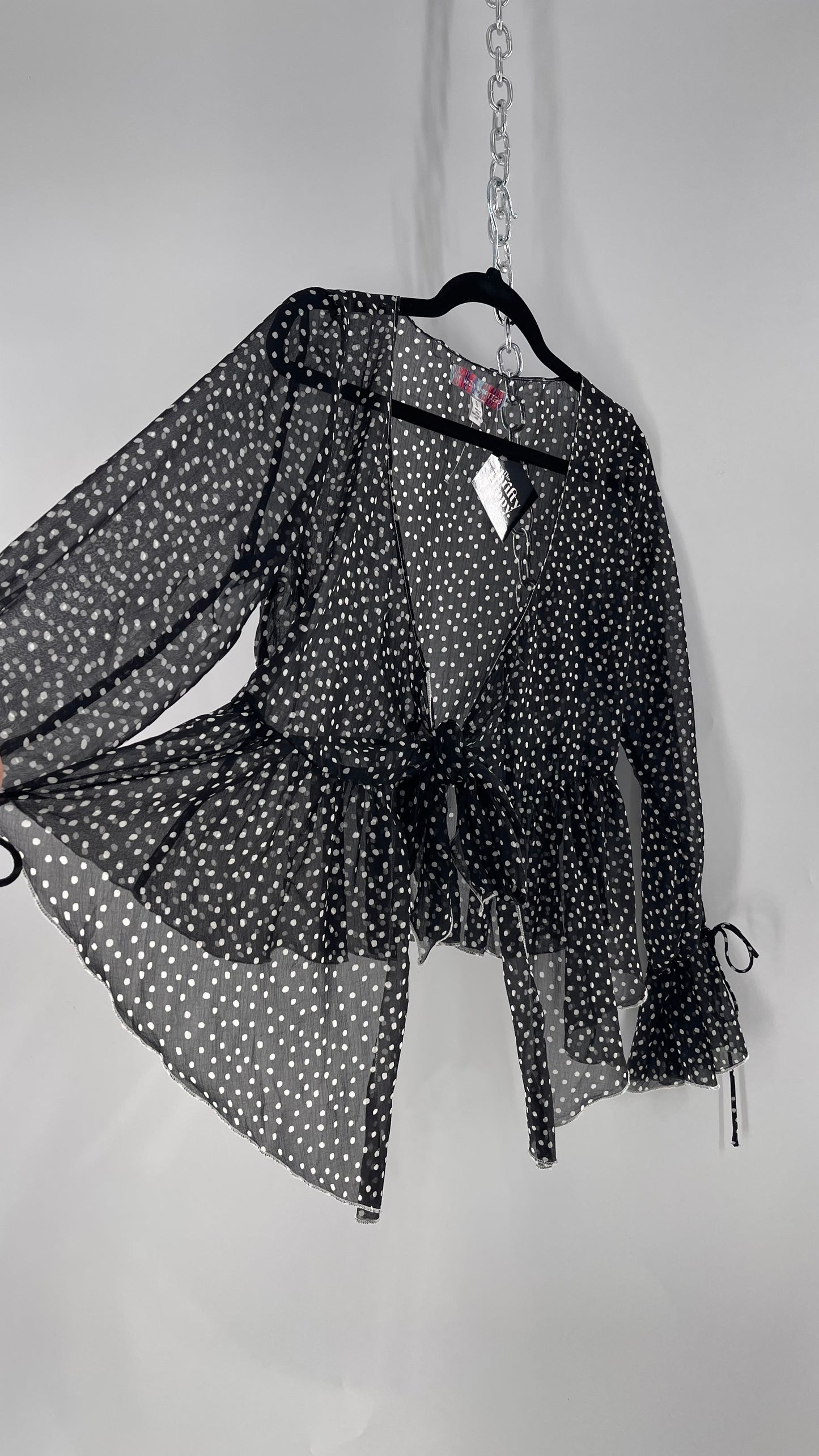 Urban Outfitters Black and White Polka Dot Tie Front Blouse with Tie Sleeve Detail (Small)