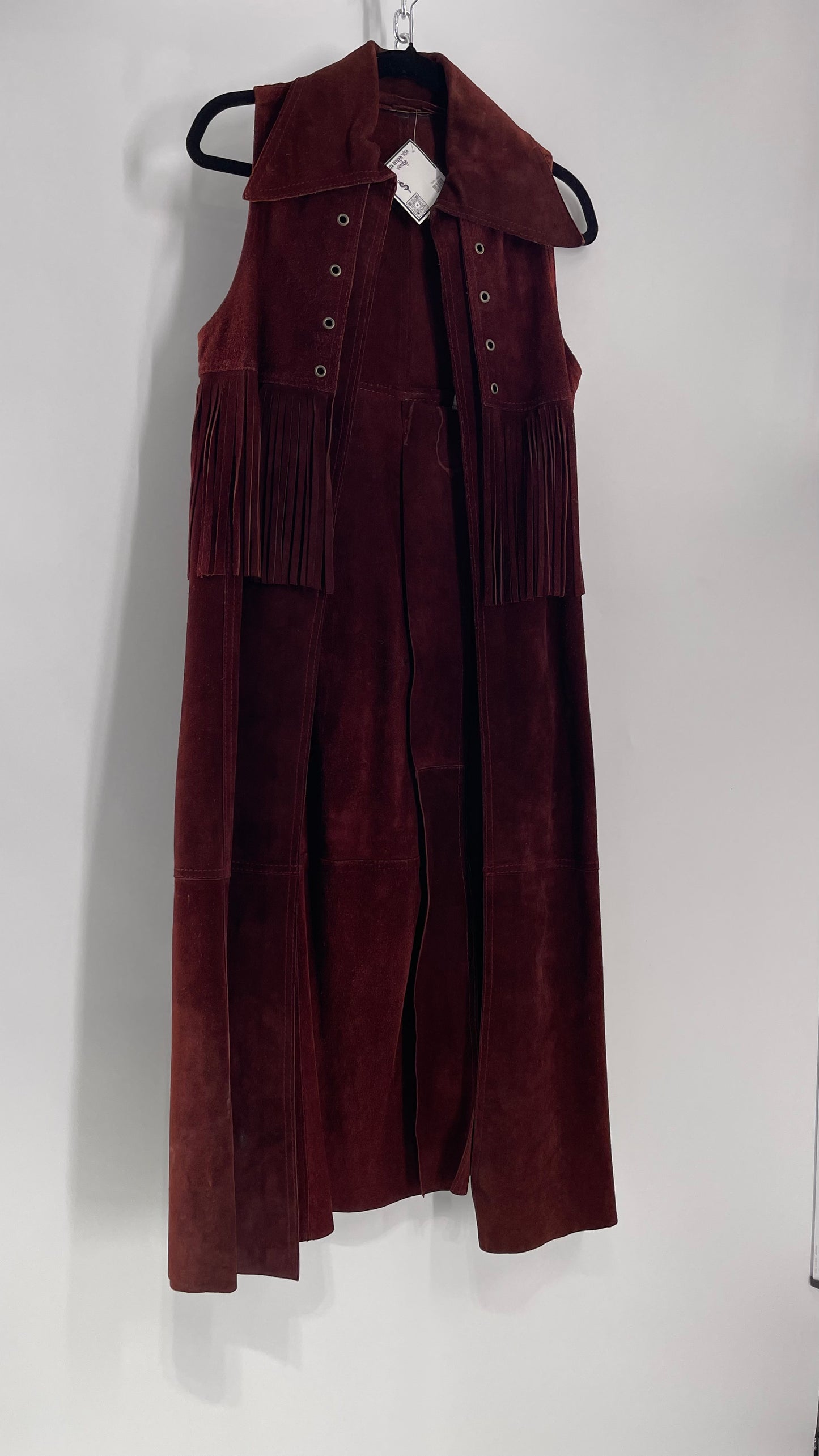 Vintage 1970s Suede Leather Full Length Reddish Brown Vest (S/M)