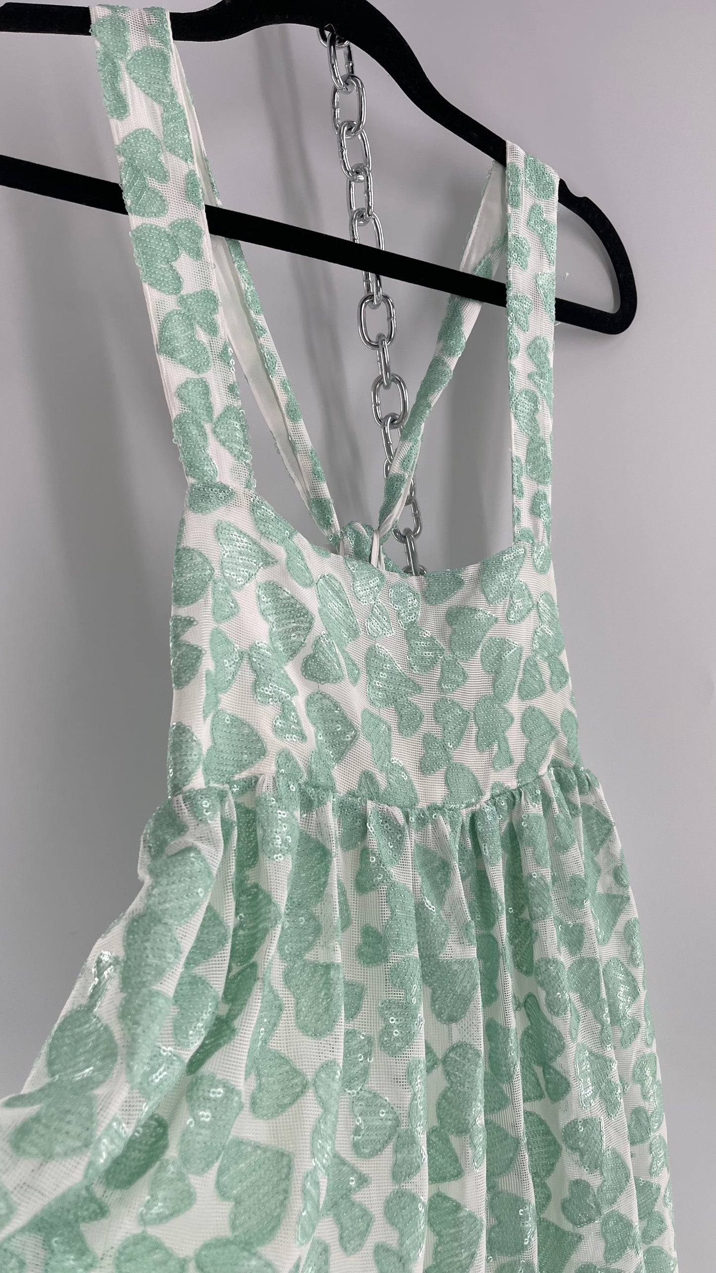 Kimchi Blue Babydoll Dress Covered in Sequin Teal/Mint Hearts (Medium)