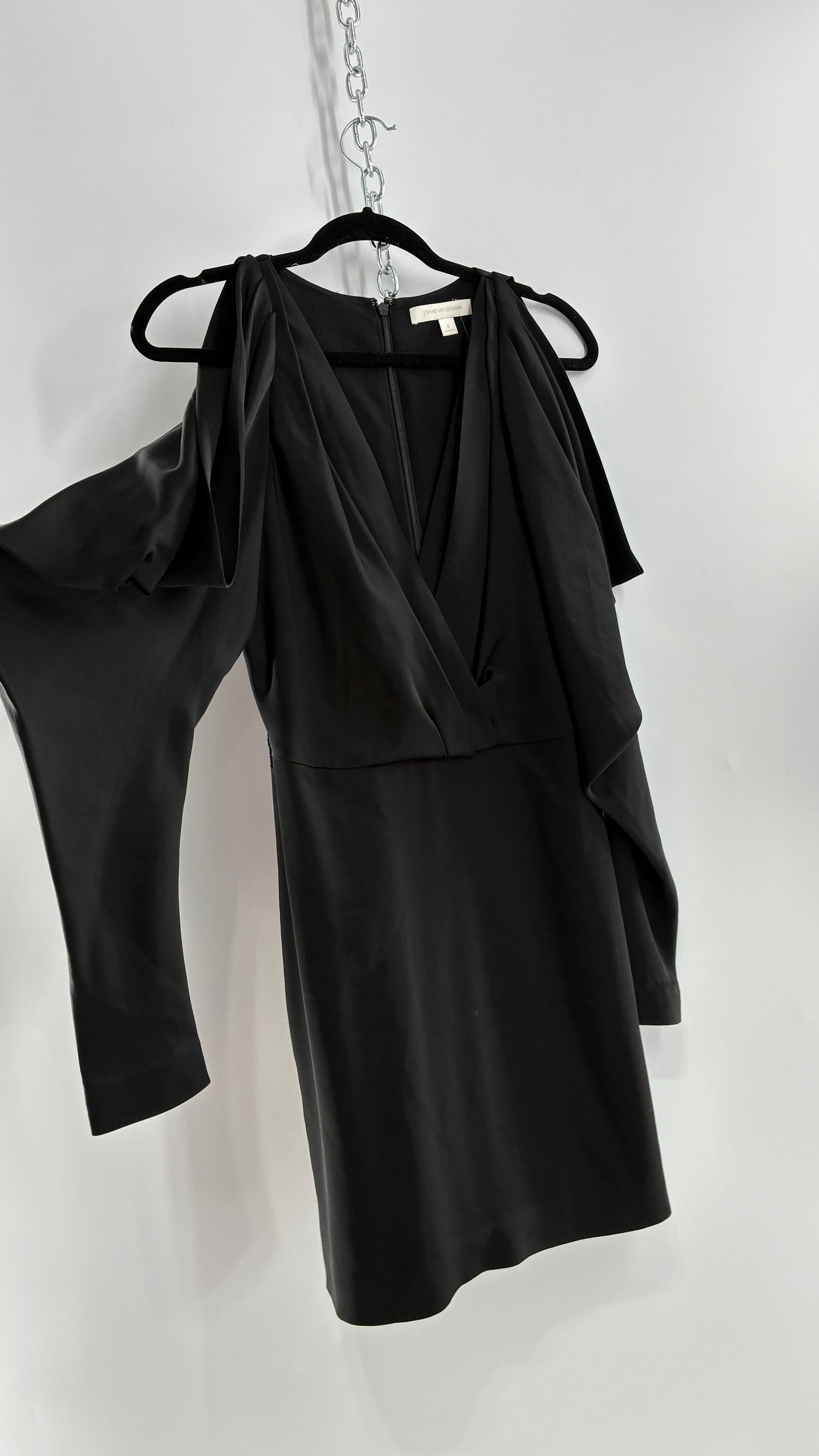JONATHAN SIMKHAI Black Silky Mini Dress with Exaggerated, Draped Cold Shoulders (8)