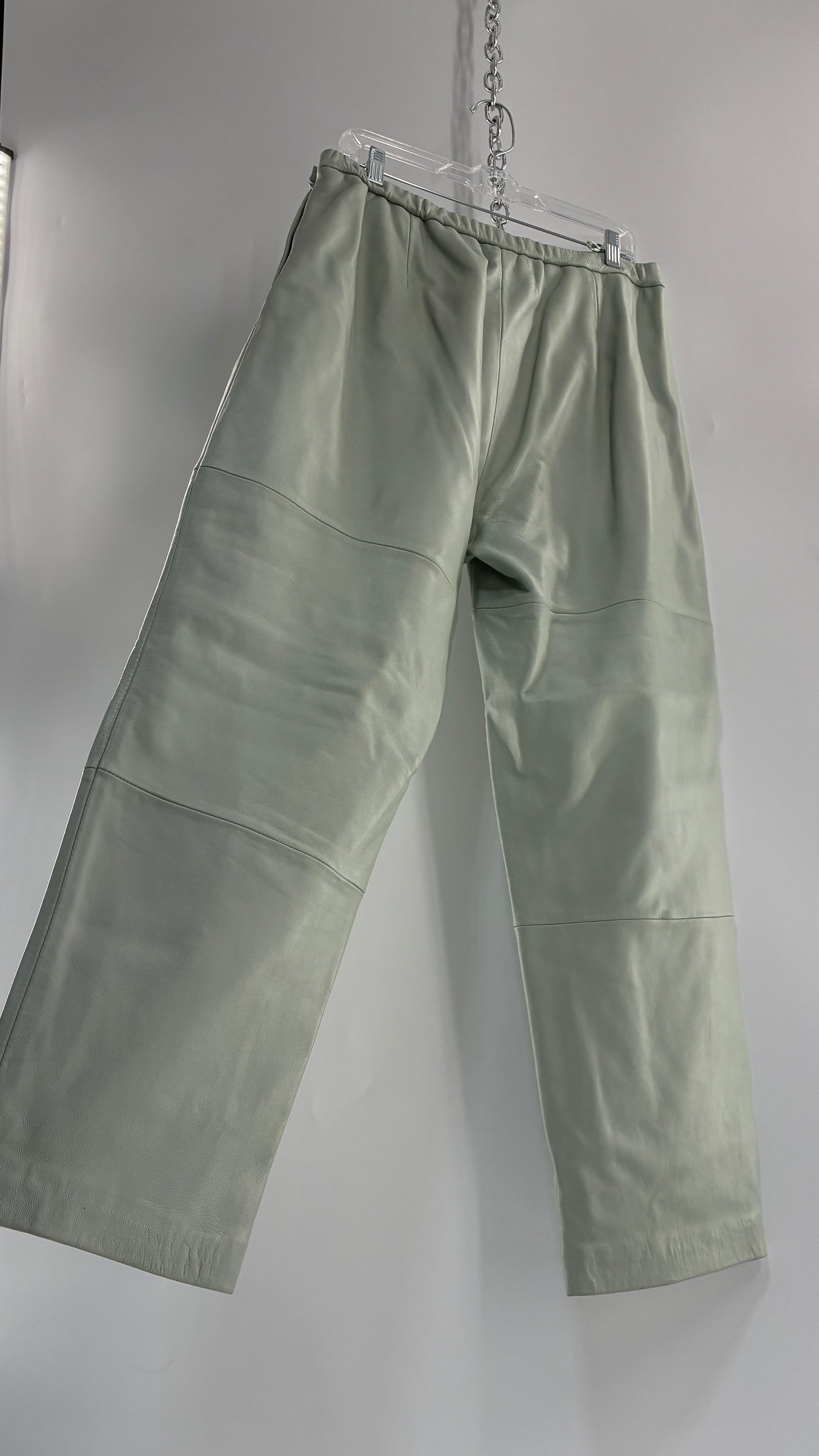 Vintage TERRY LEWIS Classic Luxuries Muted Seafoam, Genuine Leather Trousers with Silky Soft, Satin Lining (16P)