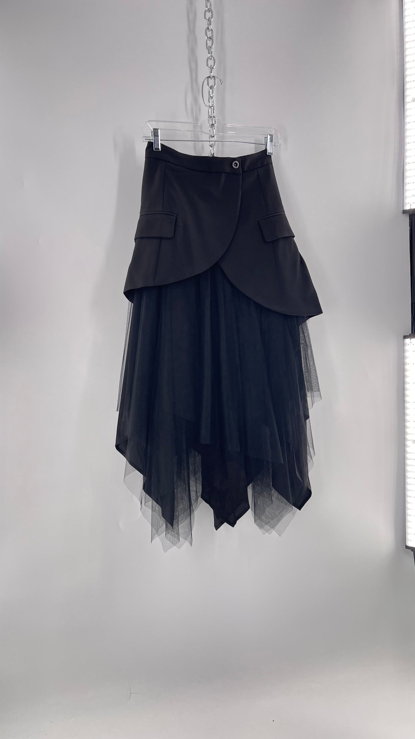 Two Twin Style Black Blazer Skirt with Mesh Tulle Layered Handkerchief Hem (S)