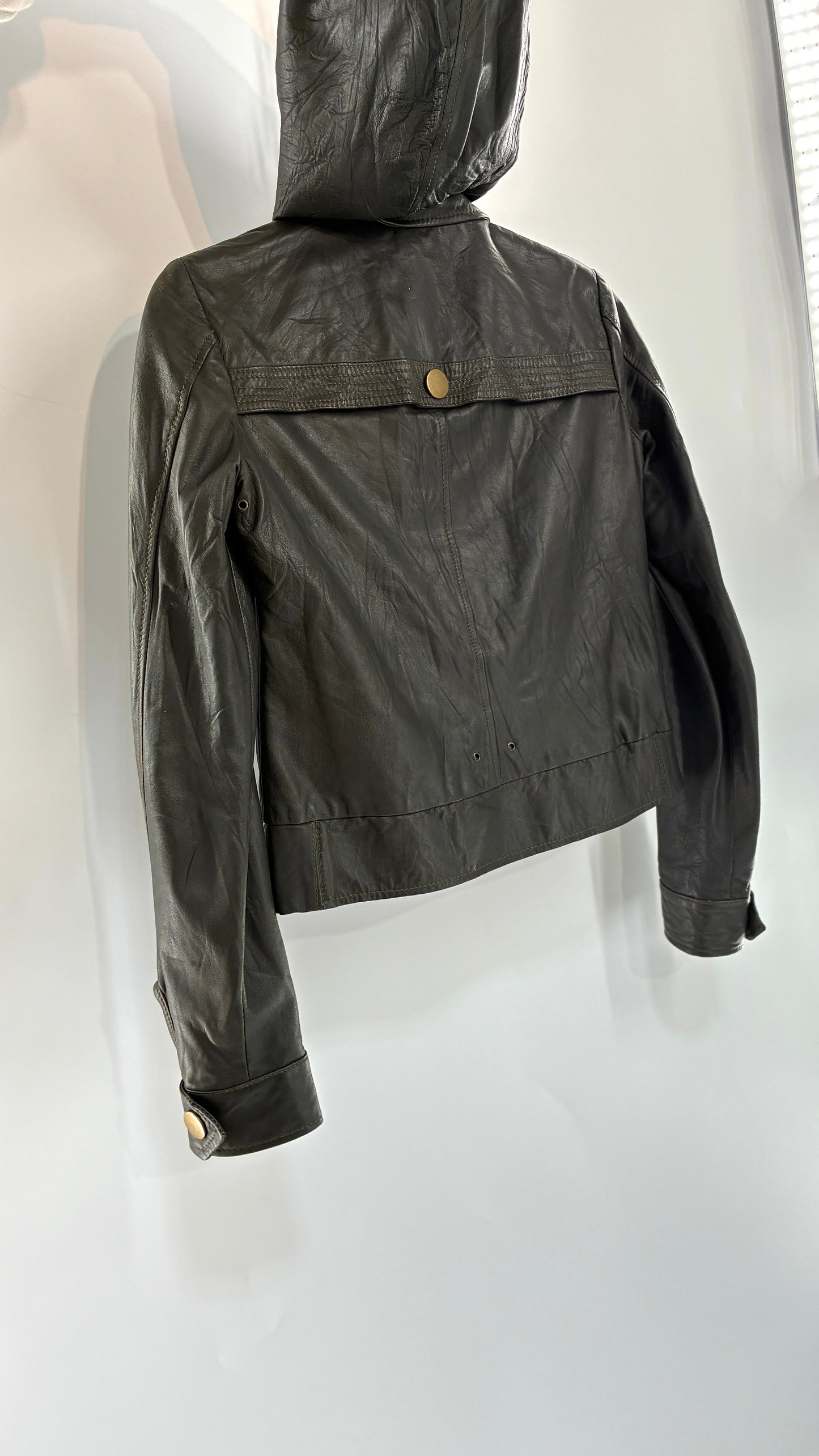 Vintage MIKE & CHRIS Grey Genuine Leather Hoodie Style Zip Front Jacket with Oversized Bronze Buttons and Contrast Stitching (XS)
