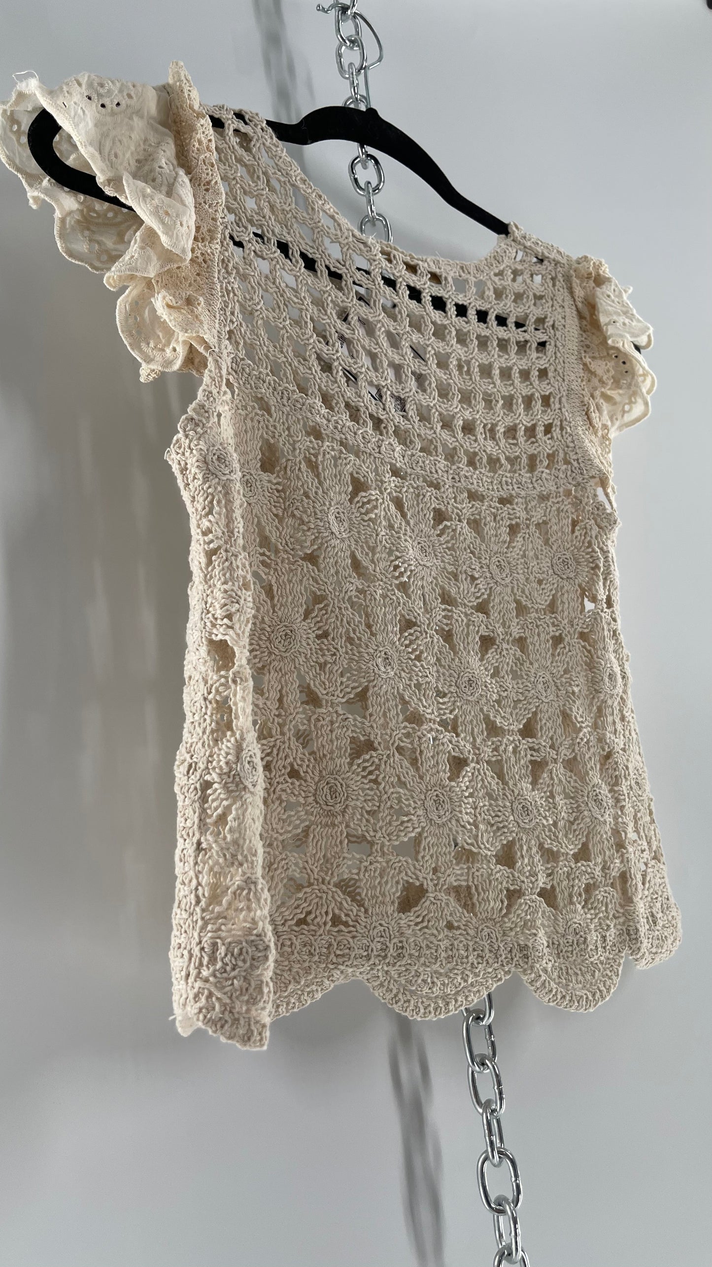 Bishop + Young Anthropologie Crochet Tank with Scalloped Hem and Lace Lined Sleeves (Small)