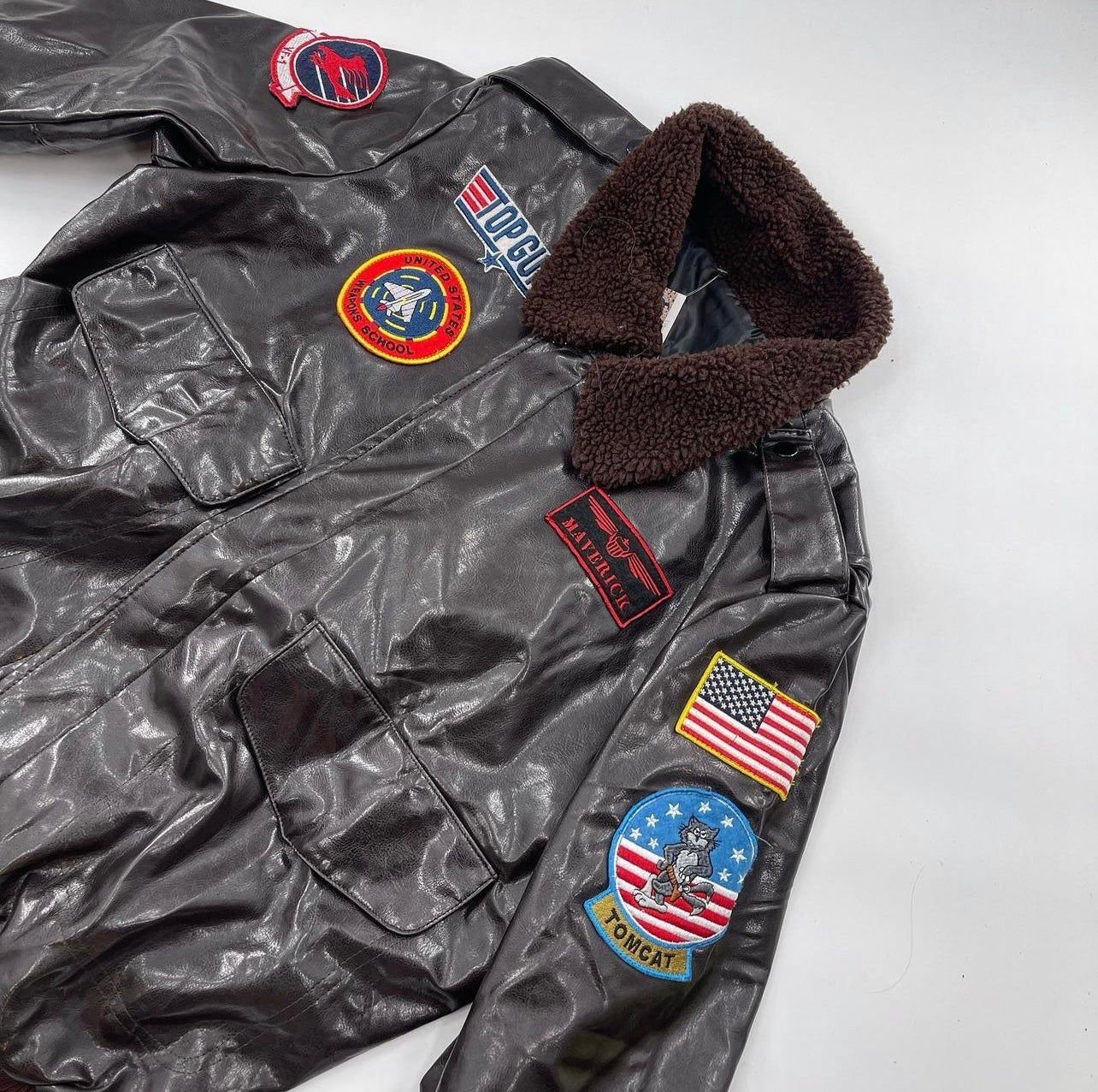 Vintage Dark Brown Top Gun Bomber Jacket with Patches and Teddy Sherpa Collar (Large)