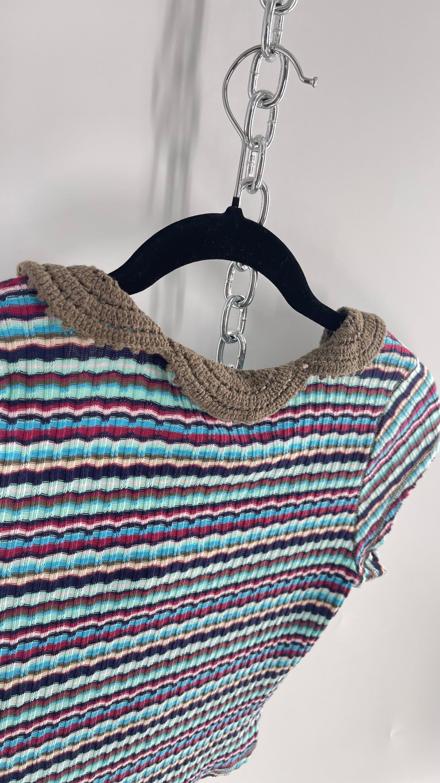 Free People Striped Short Sleeve with Crochet Knit Collar (XS)