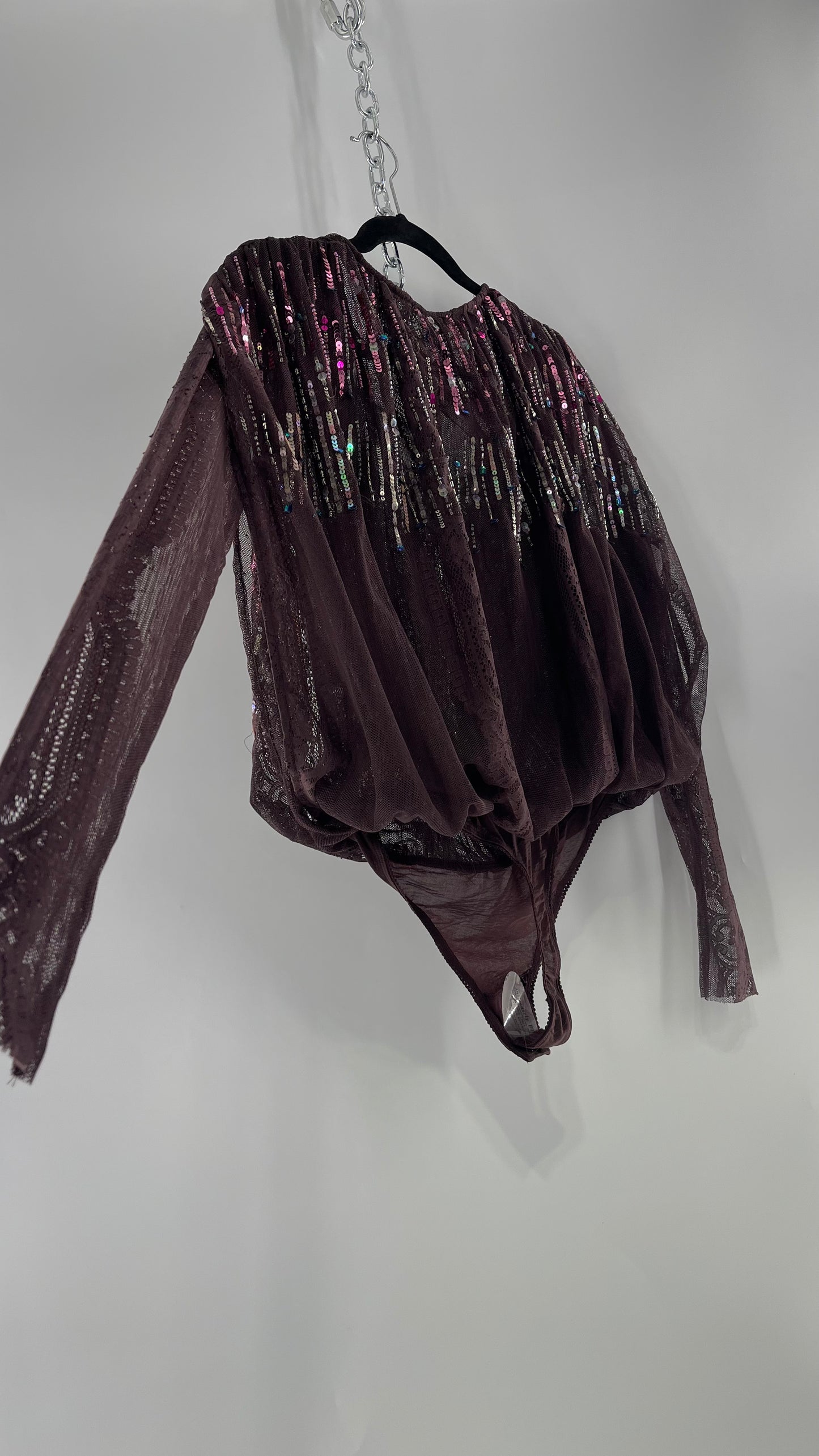 Intimately Free People Plum Mesh Bodysuit with Lace Sleeves and Beaded/Sequined/Embellished Body (Medium)