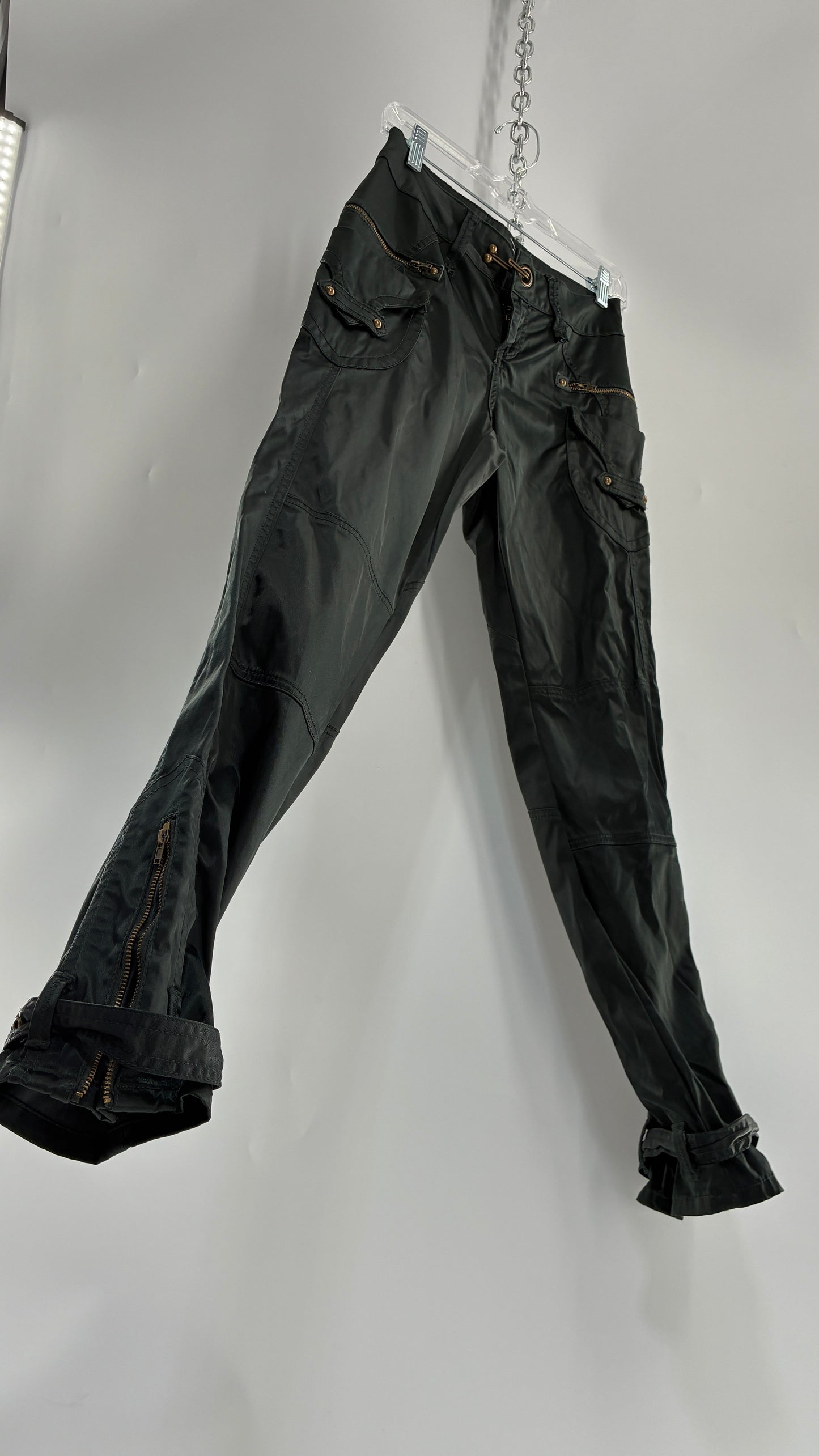 Vintage SUPERSTAR Shiny Low Rise Black Cargos with Heavy Brass Hardware, Zippers and Closure (36)