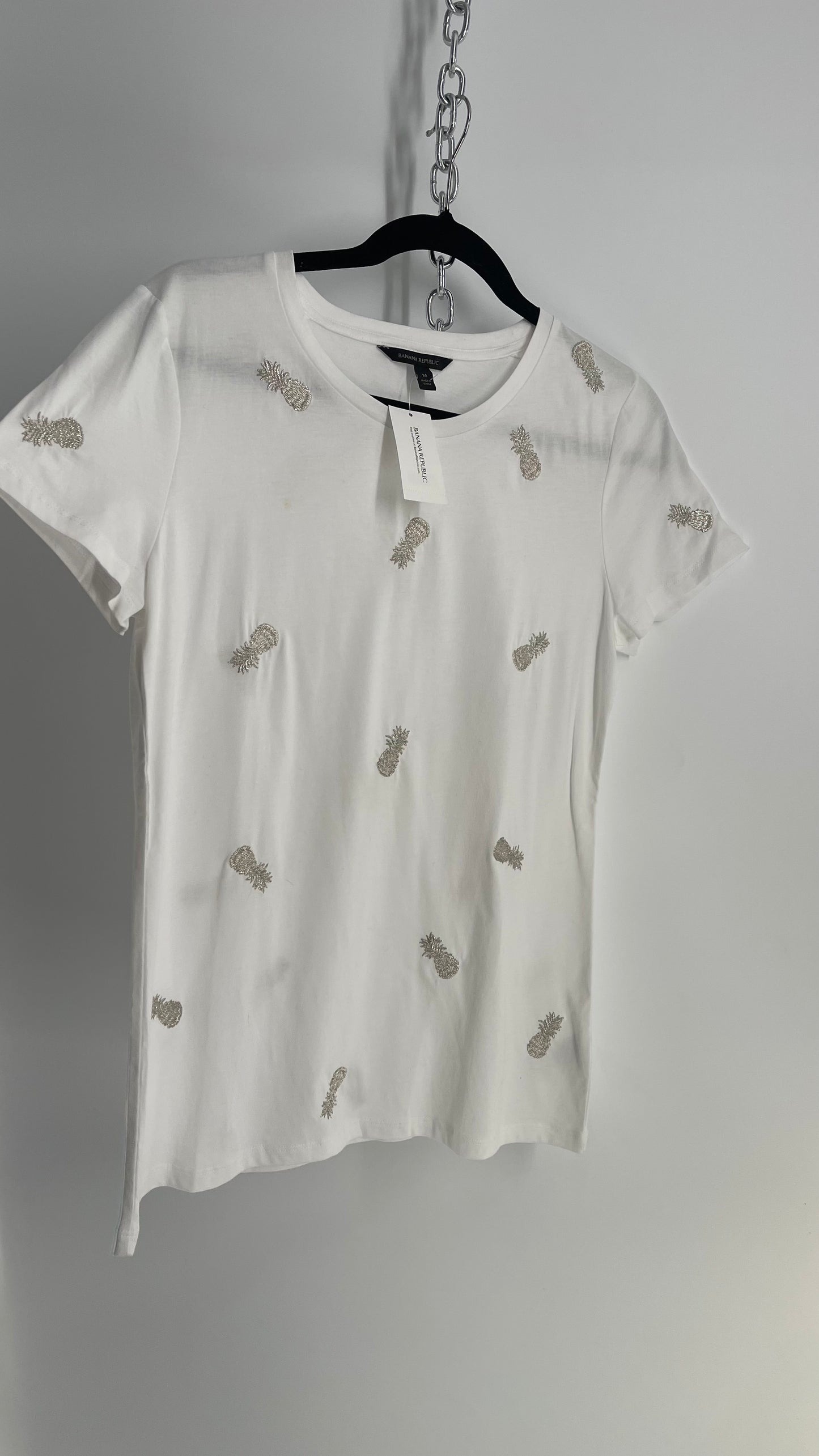 Banana Republic White Silver Embroidered Pineapple T Shirt with Tags Attached (Medium)