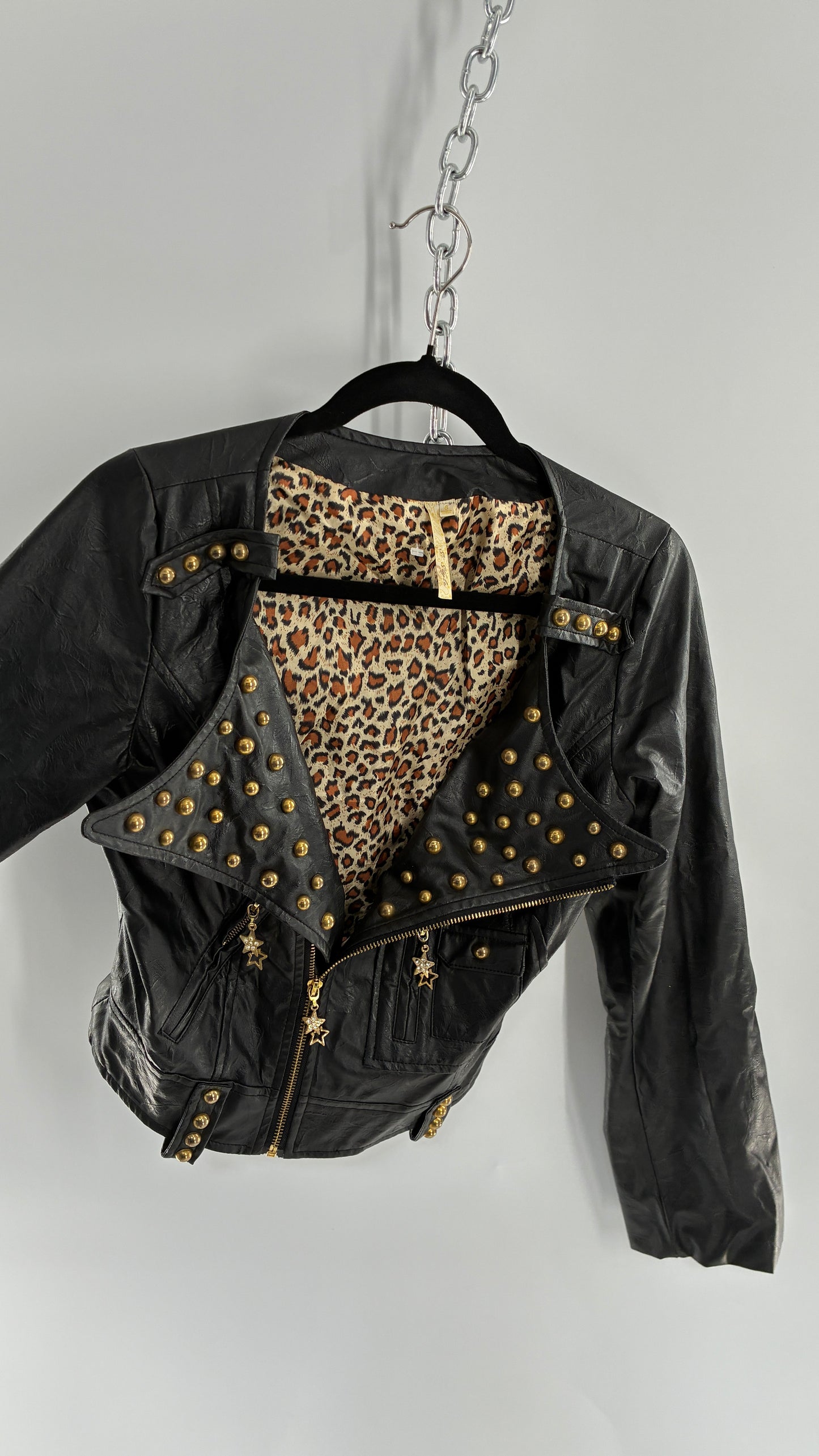 Vintage Black Vegan Leather Jacket with Oversized Lapel, Belt Loops and Pockets Covered in Heavy Duty Gold Studs (Small)