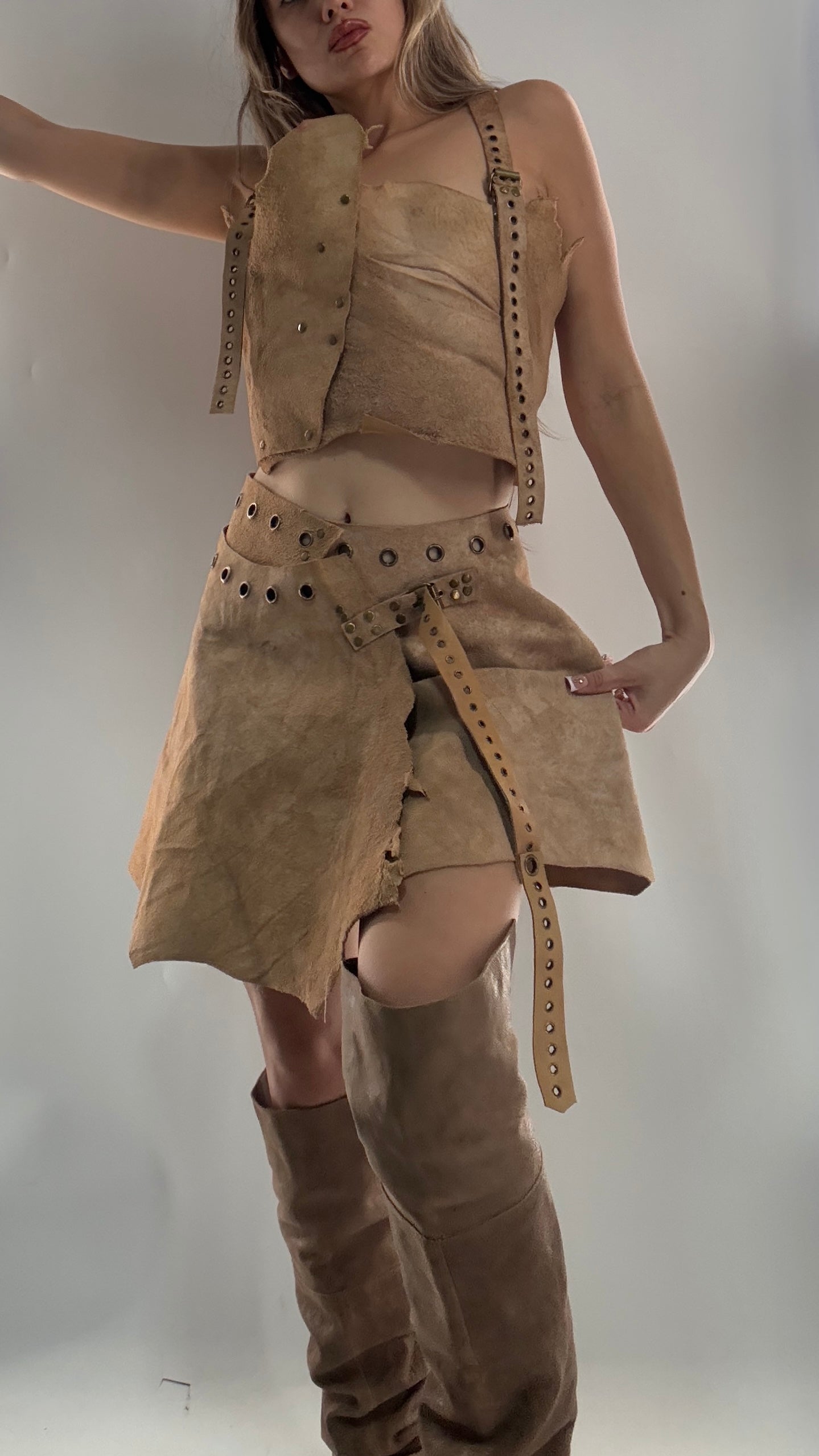CUSTOM Handmade Rugged and Reversible Distressed Leather Two Piece Set with Grommet Waistband (XS-XL)