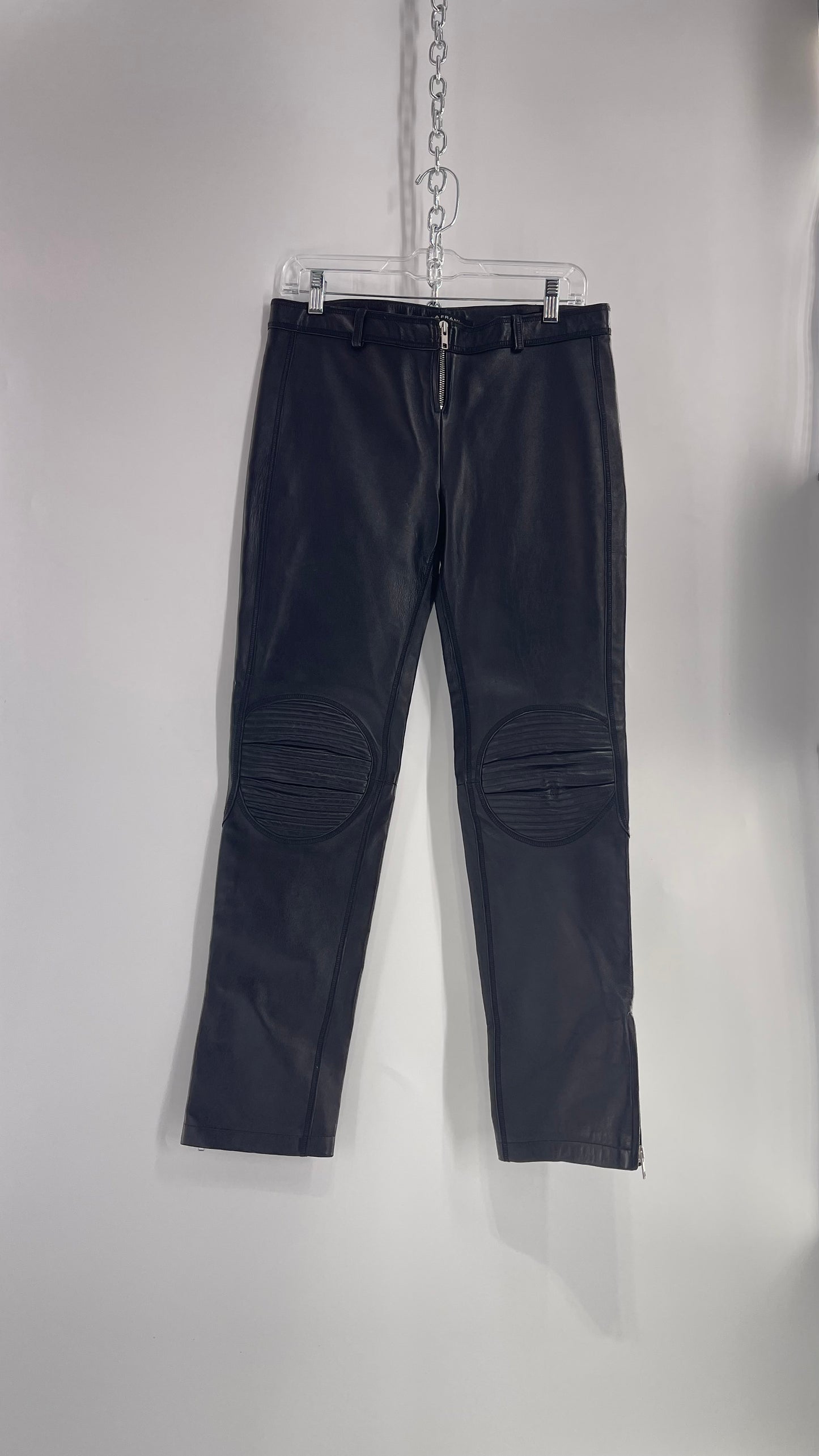 PAOLA FRANI 1990s Black Genuine Leather Low Waisted, Zip Front, Patched Bum and Knee Pants (8)