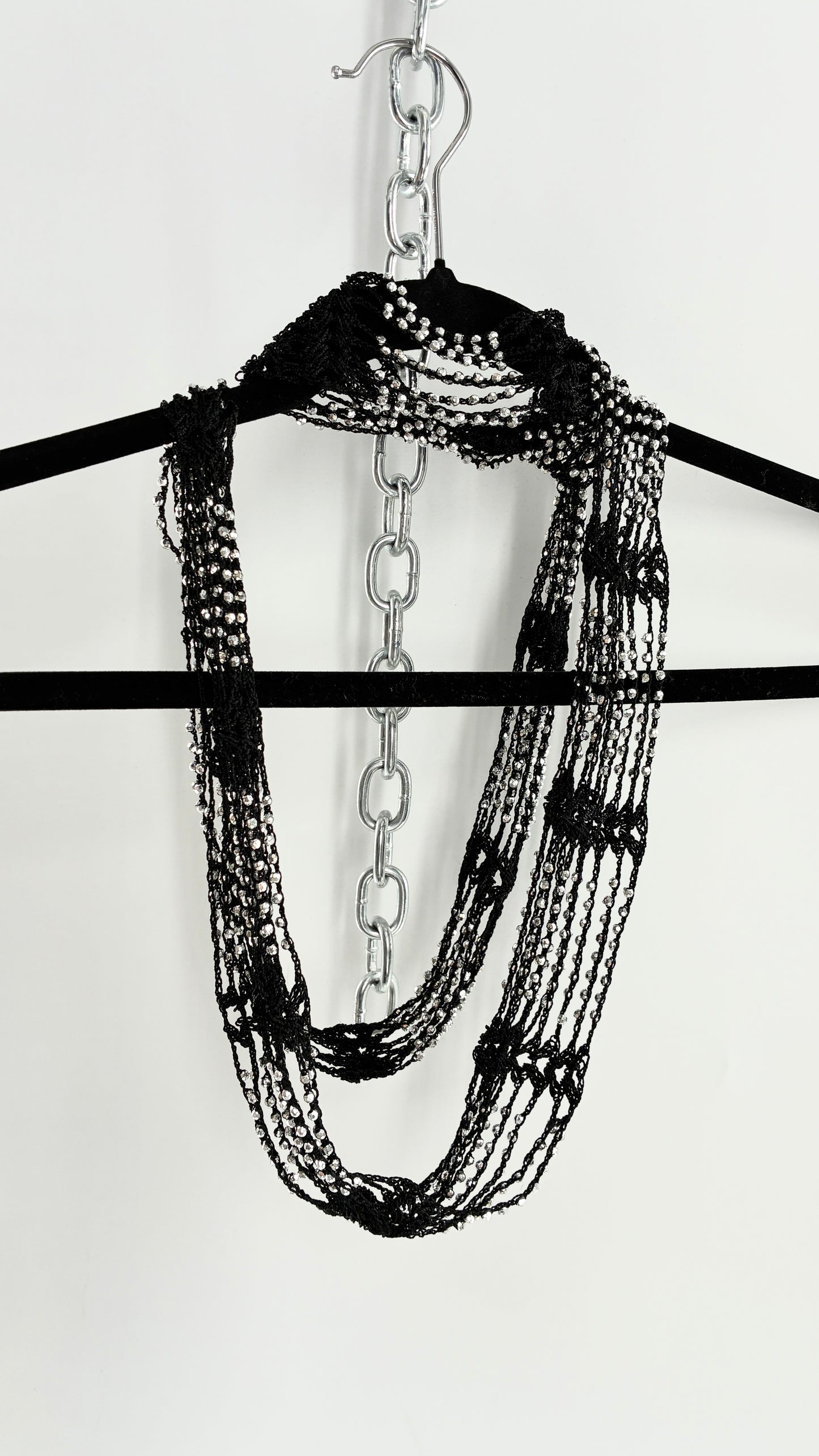 Vintage Black Crochet Infinity Scarf with Silver Pebble Beading