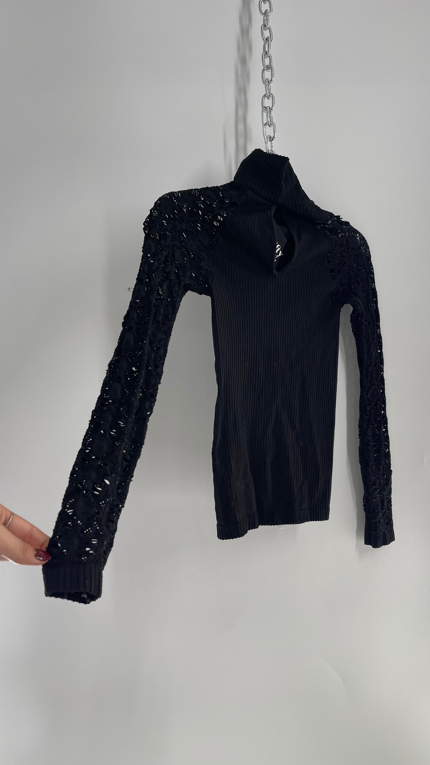 Free People Worn Black Spandex/Nylon Turtle Neck with Lace/Perforated Sleeves (M/L)