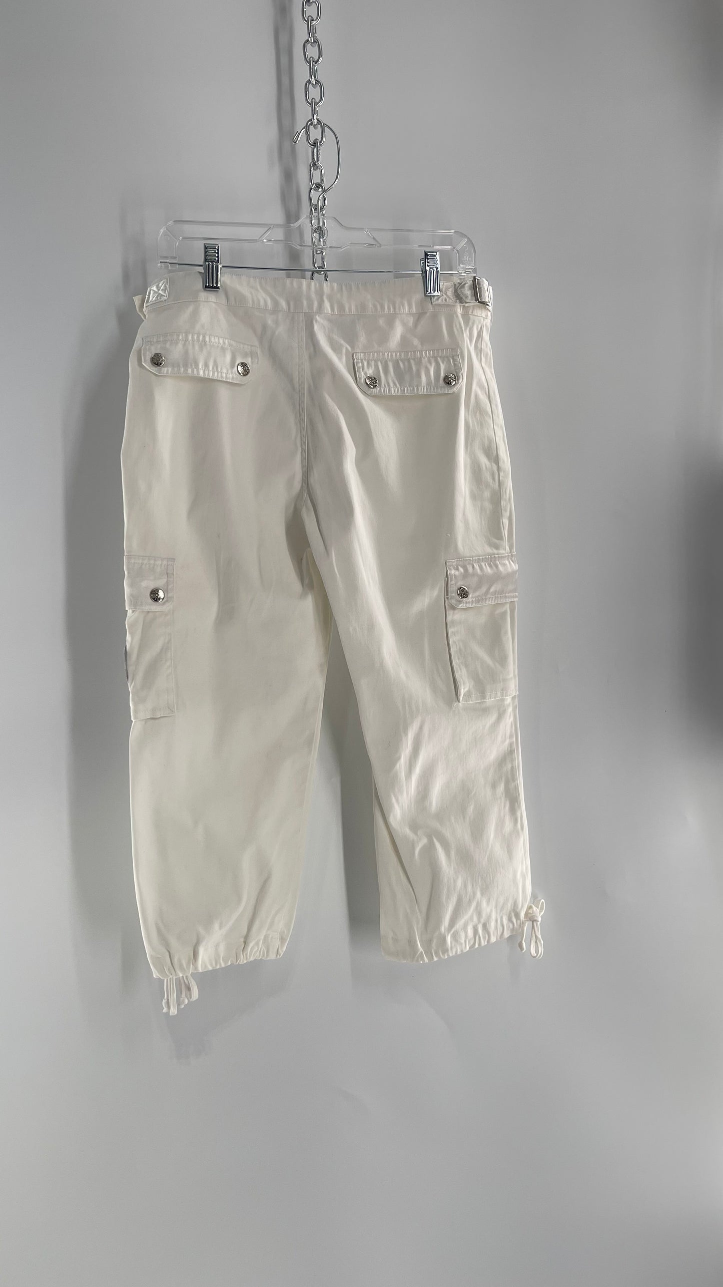 Vintage 1990s South Pole White Capri with Zippers, Silver Hardware, Satin Detailing and Patches (9)