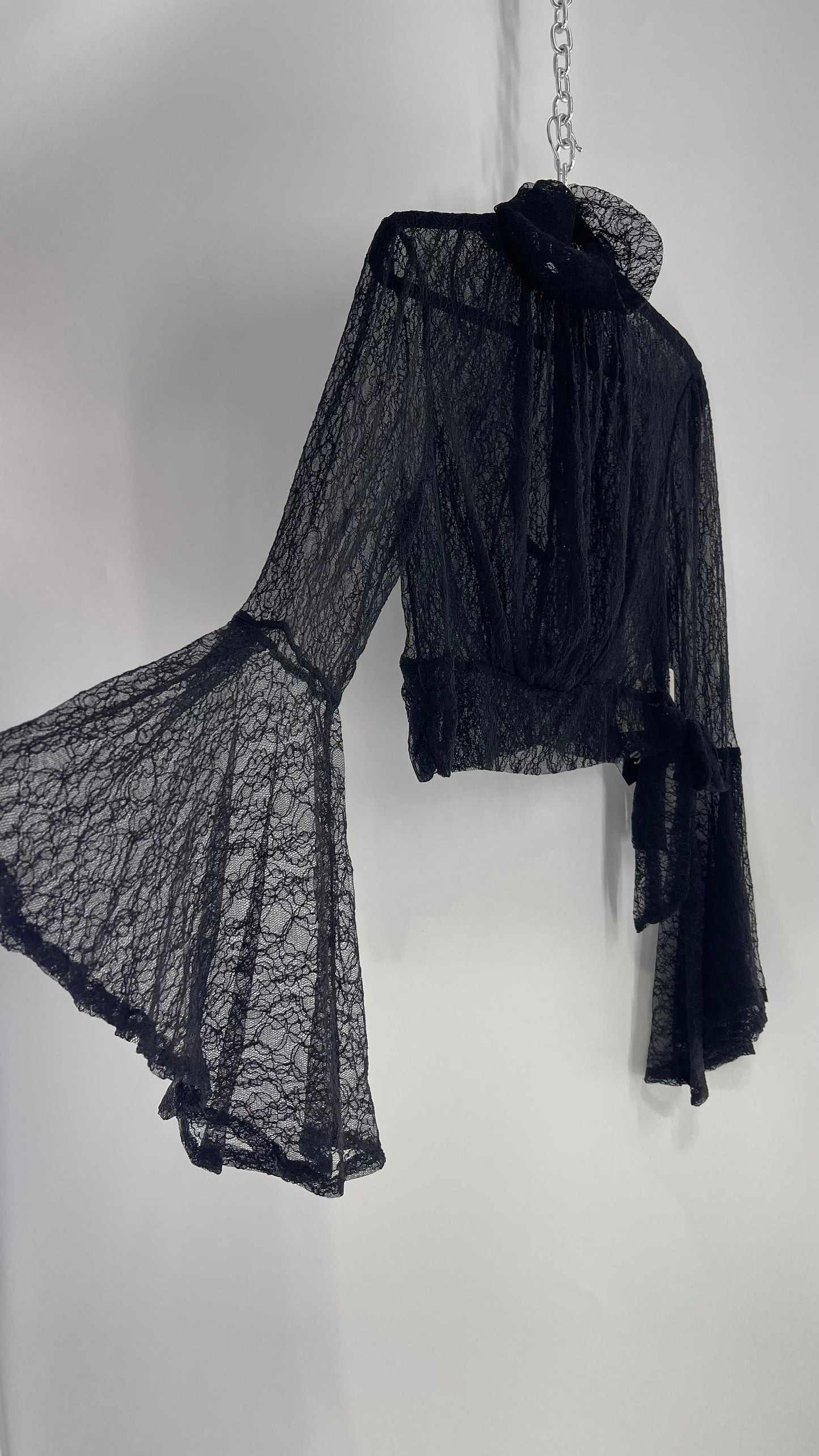 Free People Black Lace Bell Sleeve Tie Side Blouse (Medium)