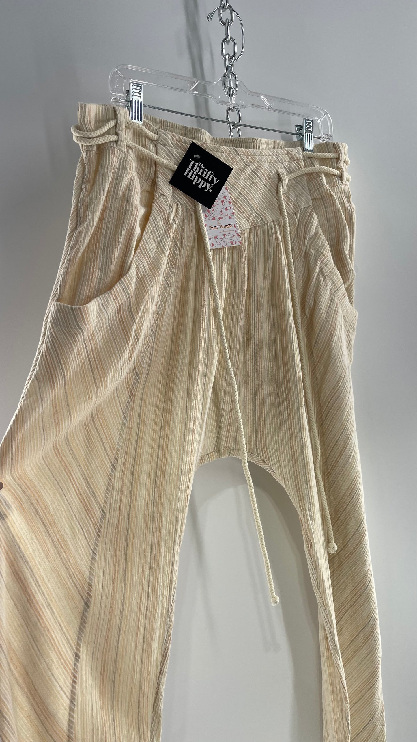 Free People Cream Striped Haram/Drop Crotch/Yoga Rope Belt Pants (XL) with Tags Attached