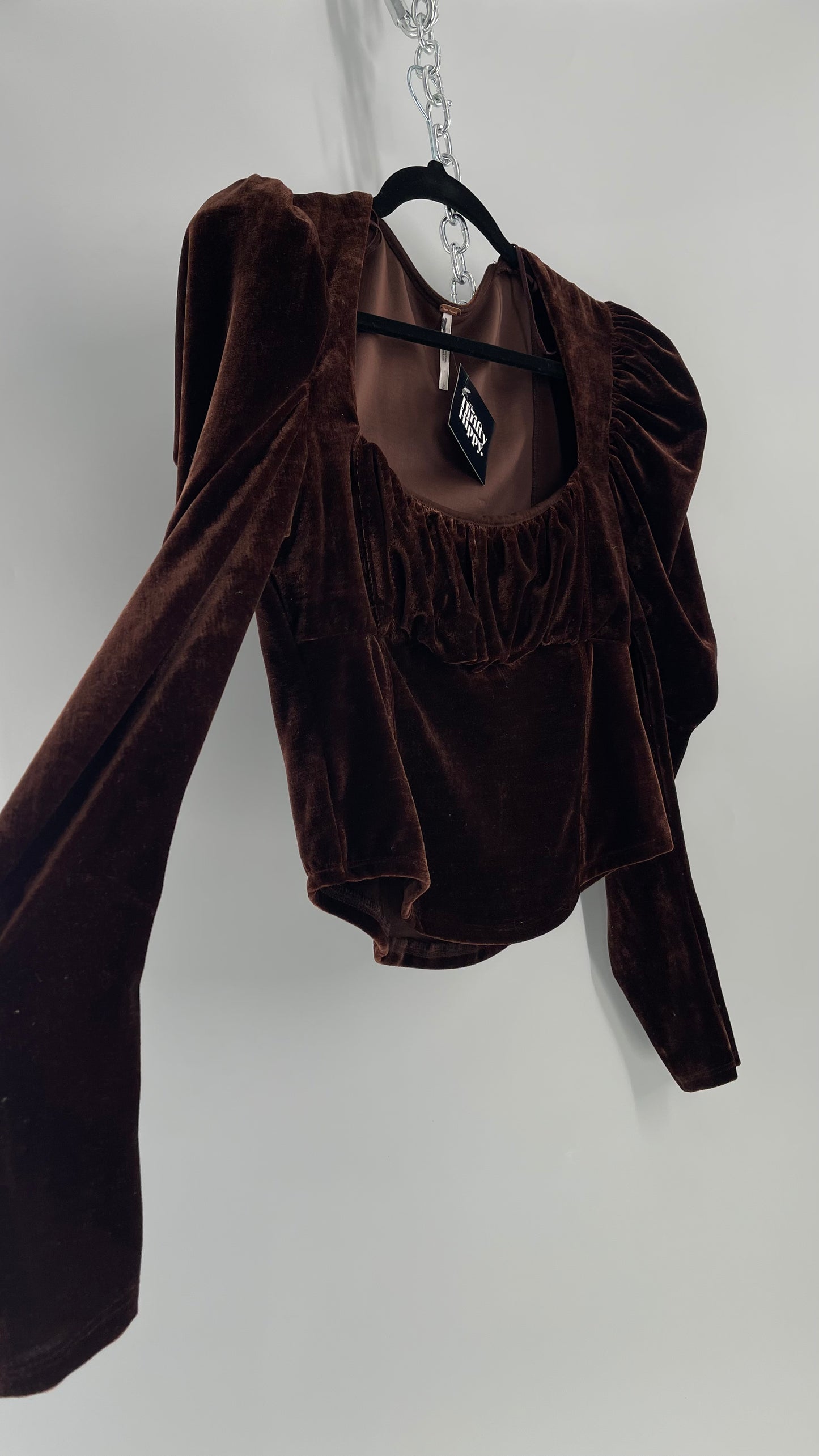 Free People Dark Brown Velvet Long Sleeve Cropped Blouse with Milkmaid Neckline and Renaissance Puff Shoulder (Large)