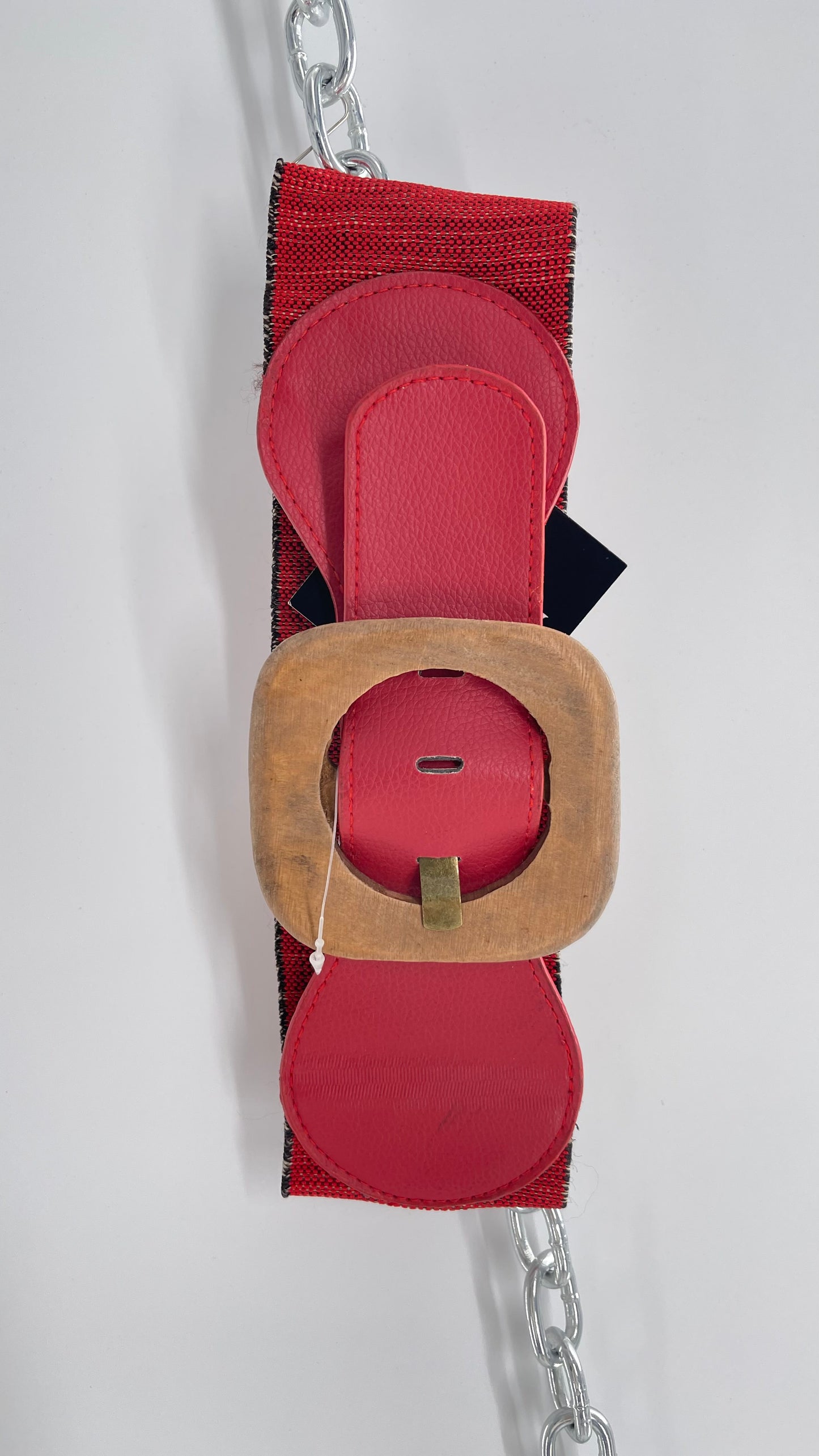 Vintage Red Leather Scrunch/Elastic Wooden Buckle Belt (XS/S)