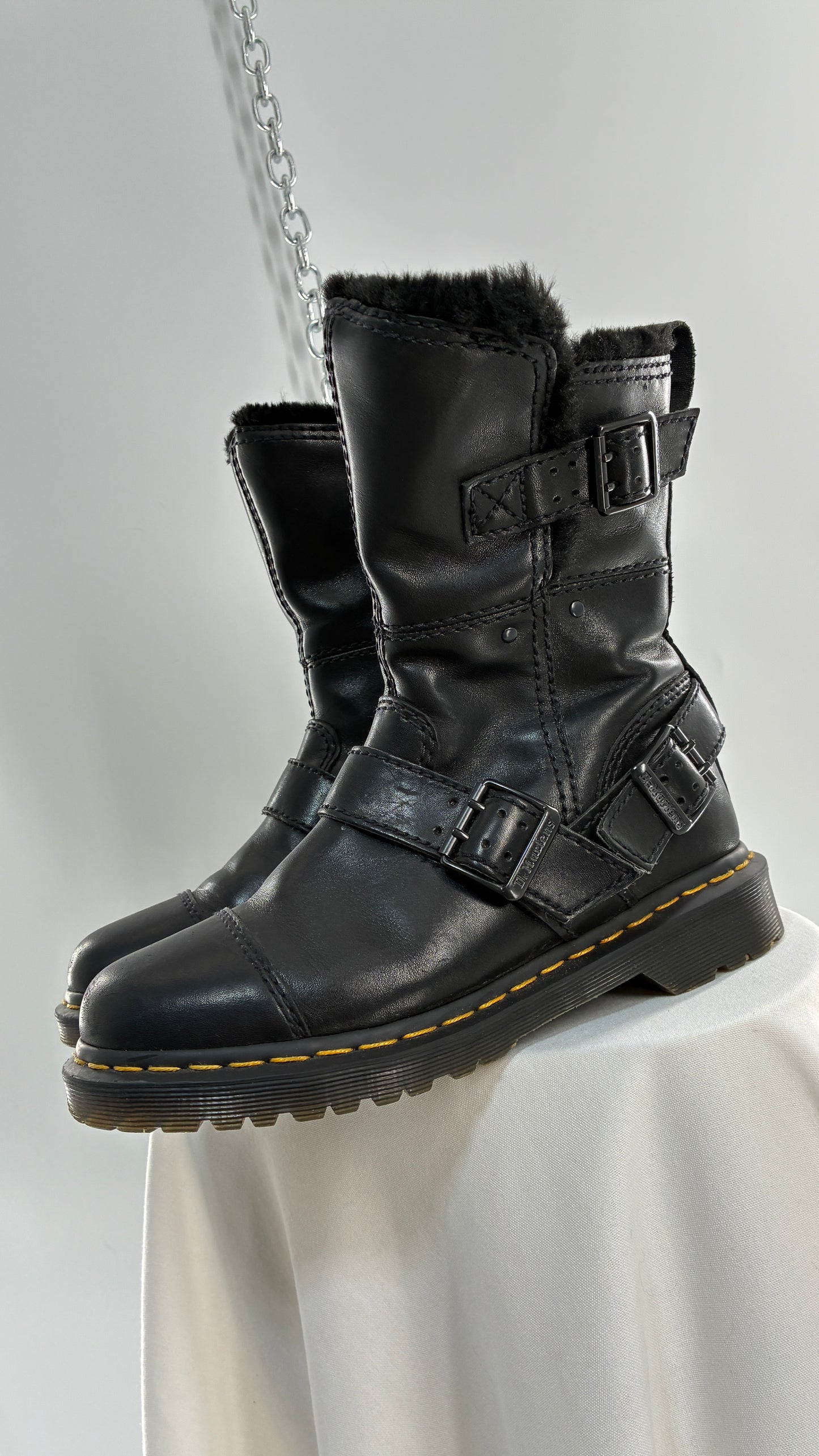 RARE Vintage Dr. Marten Kristy Mid Calf Faux Fur Black Leather Boots (8L)