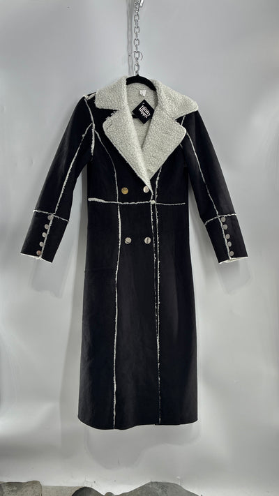 Vintage Black Vegan Suede Coat with Sherpa Lining (Medium)