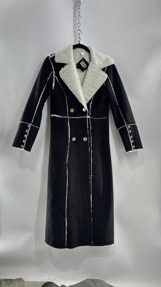 Vintage Black Vegan Suede Coat with Sherpa Lining (Medium)