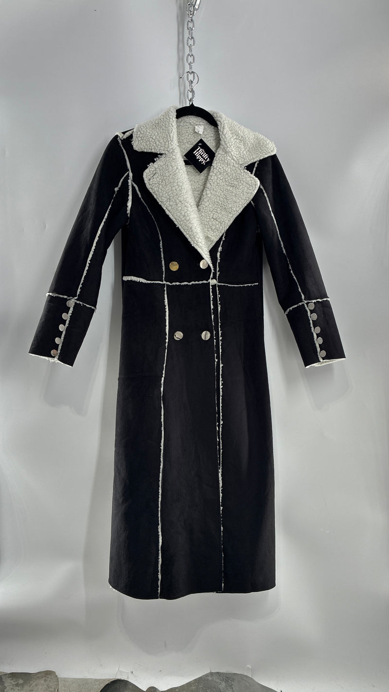 Vintage Black Vegan Suede Coat with Sherpa Lining (Medium)