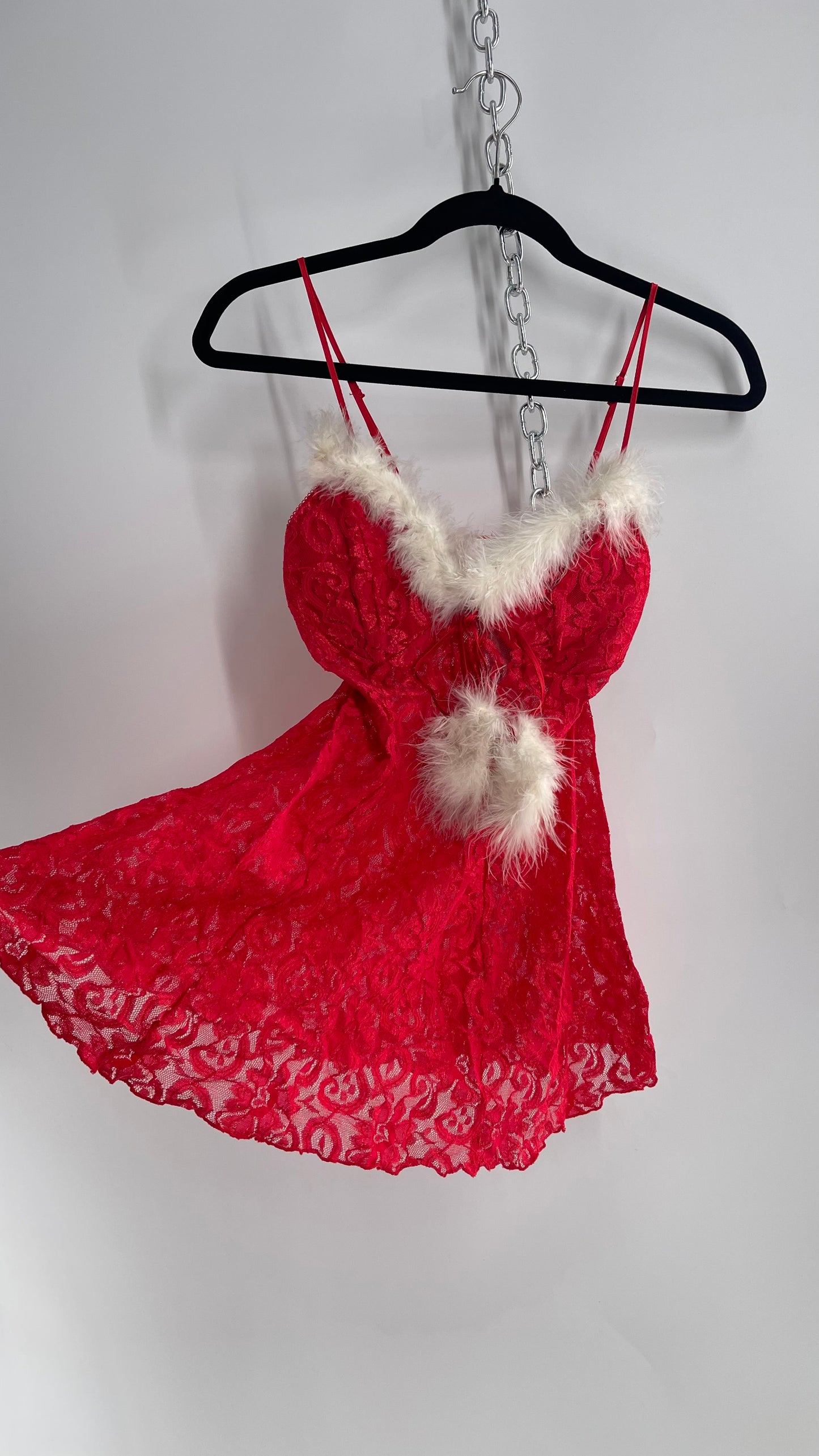 Vintage 1990s Cinema Etoile Red Lace Babydoll with White Feather Trim (Small)