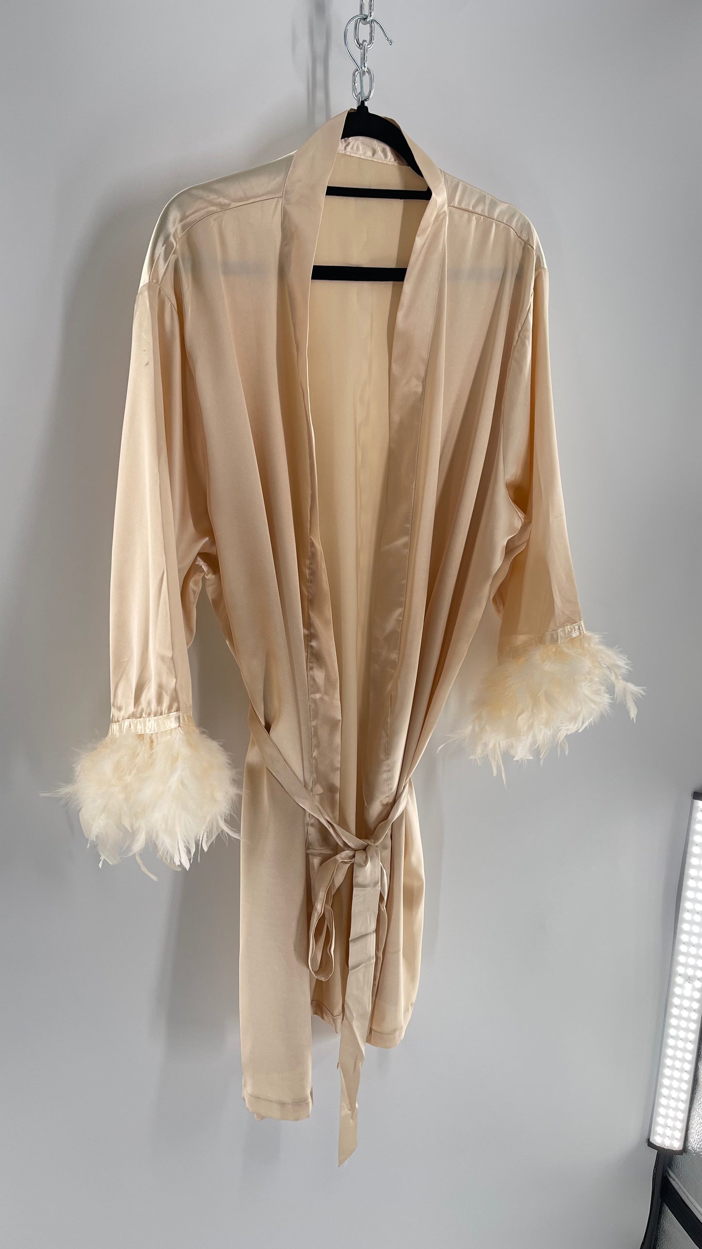 Champagne Satin Loungewear 2piece Set with Ostrich Feather Trim (3XL)