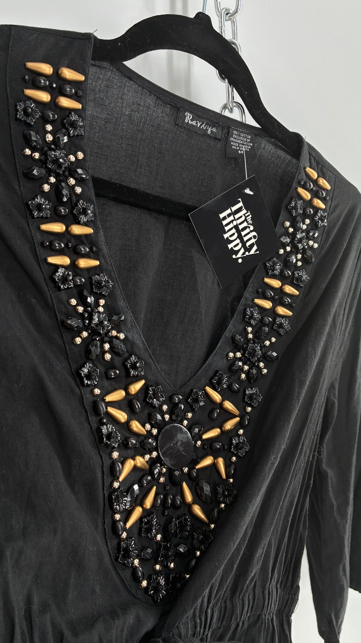 Vintage RAVIYA Black Mini Dress Blouse with Beaded Neckline (Medium)