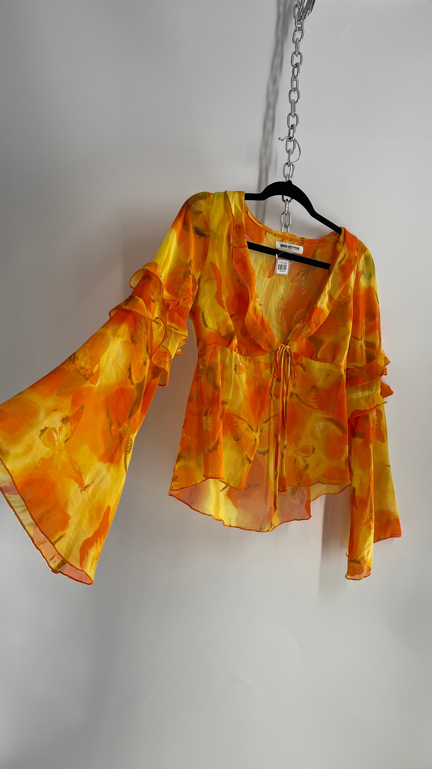 Urban Outfitters Orange Yellow Tie Bust Bell Sleeve Blouse (Small)