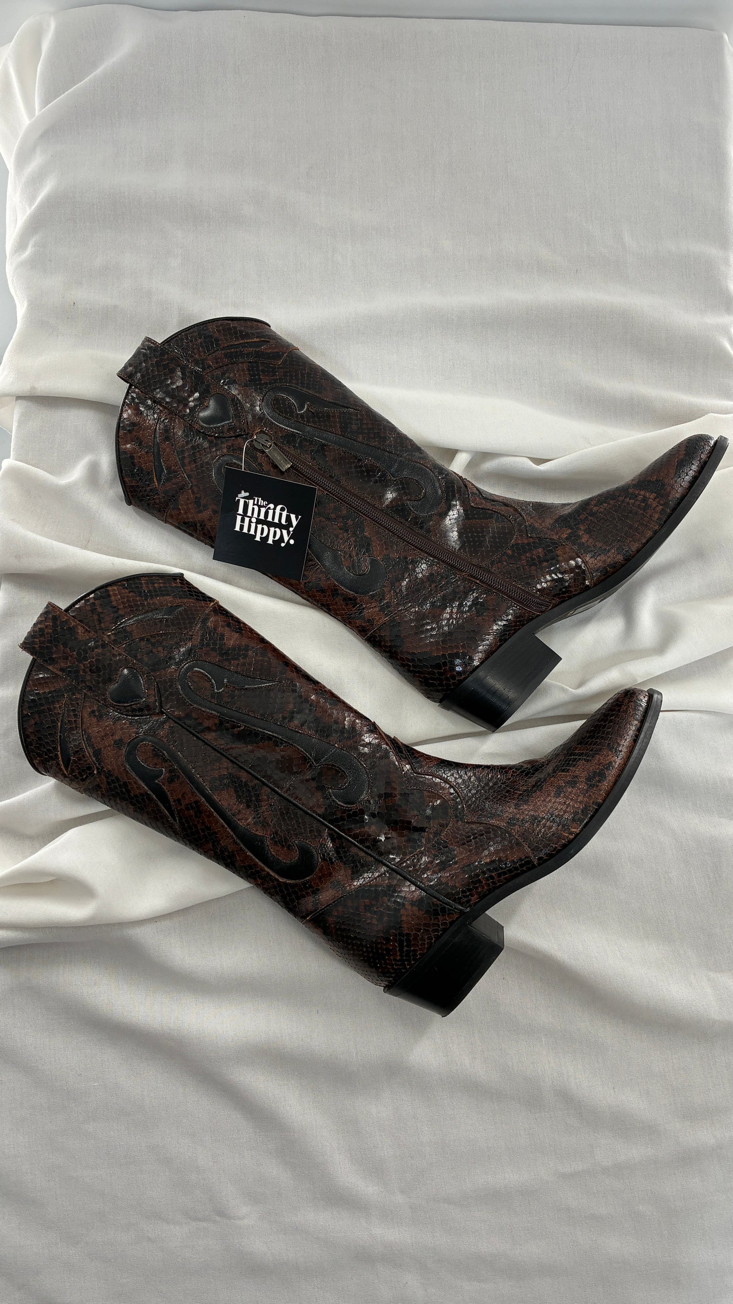 Vintage LABLANC Snakeskin Cowboy Boots with Hearts Made in Italy (36)