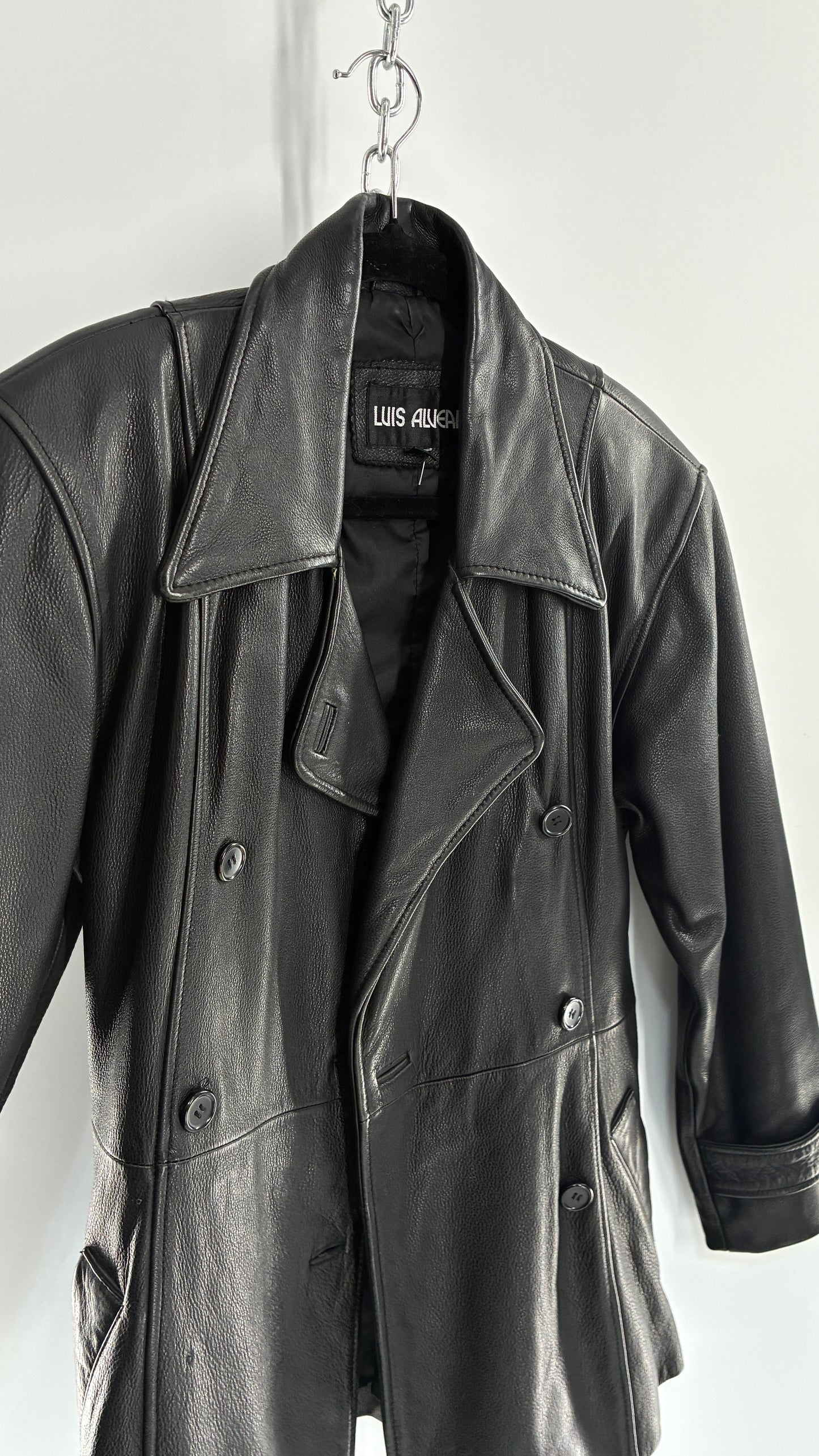 Vintage LUIS ALVEAR Thick Genuine Leather Black Trench Style Jacket (XS)