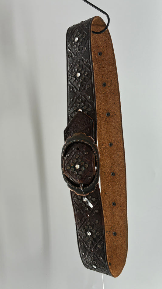 Vintage Abercrombie & Fitch Brown Leather Embossed Belt with Rhinestone Details (Small)