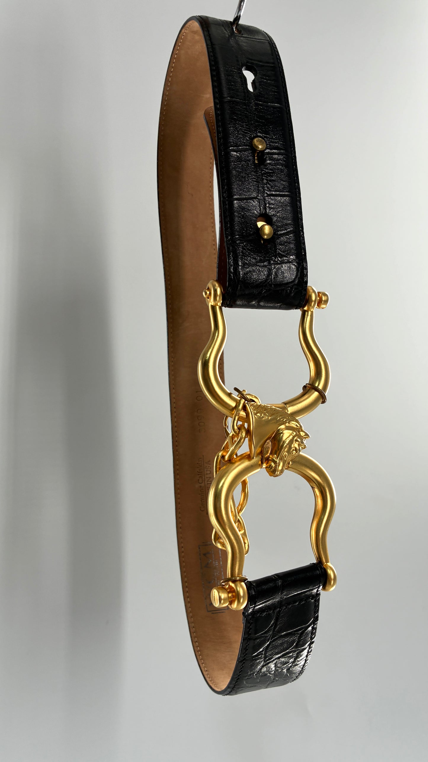 Vintage WCM New York Genuine Calfskin Belt with Golden Sculptural Horse Head Door-Knocker Buckle and Chain Detail  (Medium)