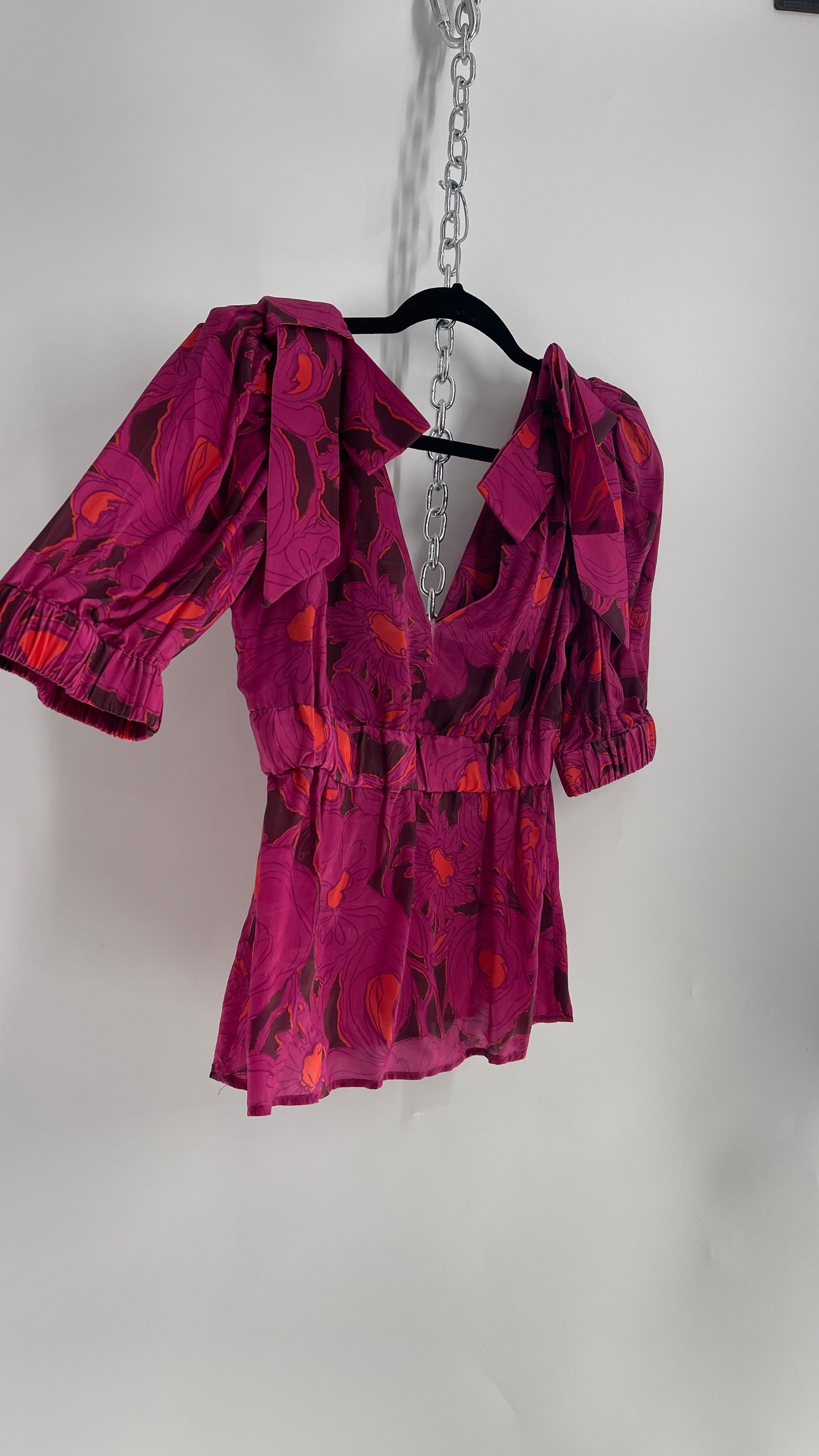 Hope for Flowers Tracy Reese Silky Bow Shoulder Fuchsia Hot Pink Floral Top (4)