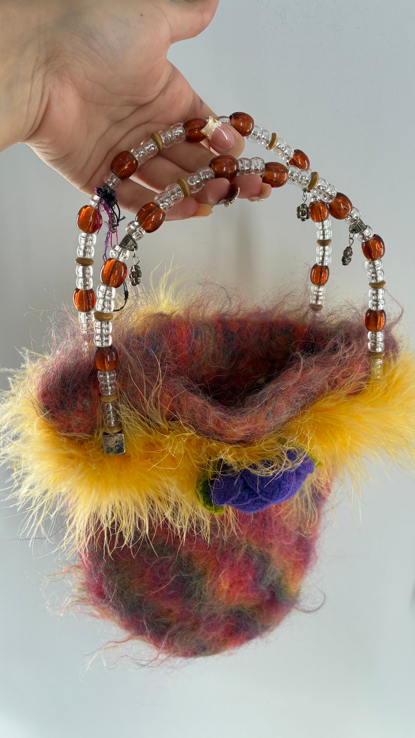 Deadstock Vintage Handmade Handwoven Bag with Beaded Handle, Metal Charms and Yarn Rosette