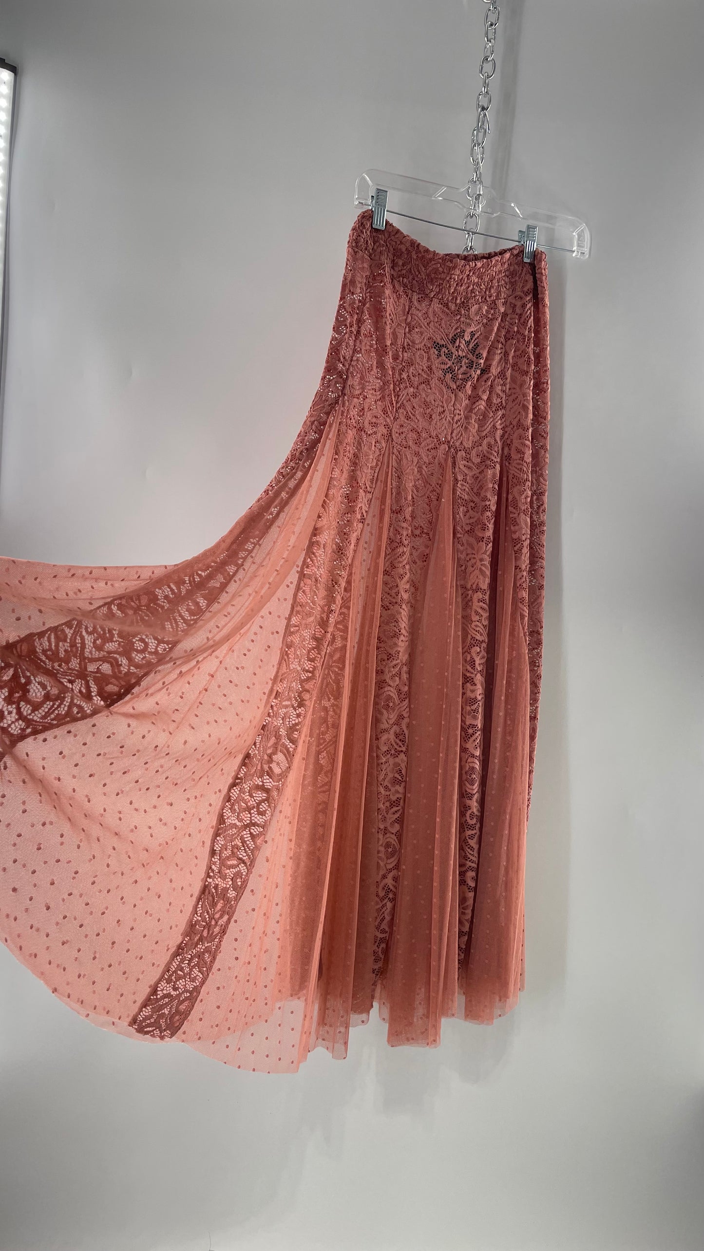 Intimately Free People Blush Pink Lace and Polka Dot Mesh Maxi Skirt (XS)