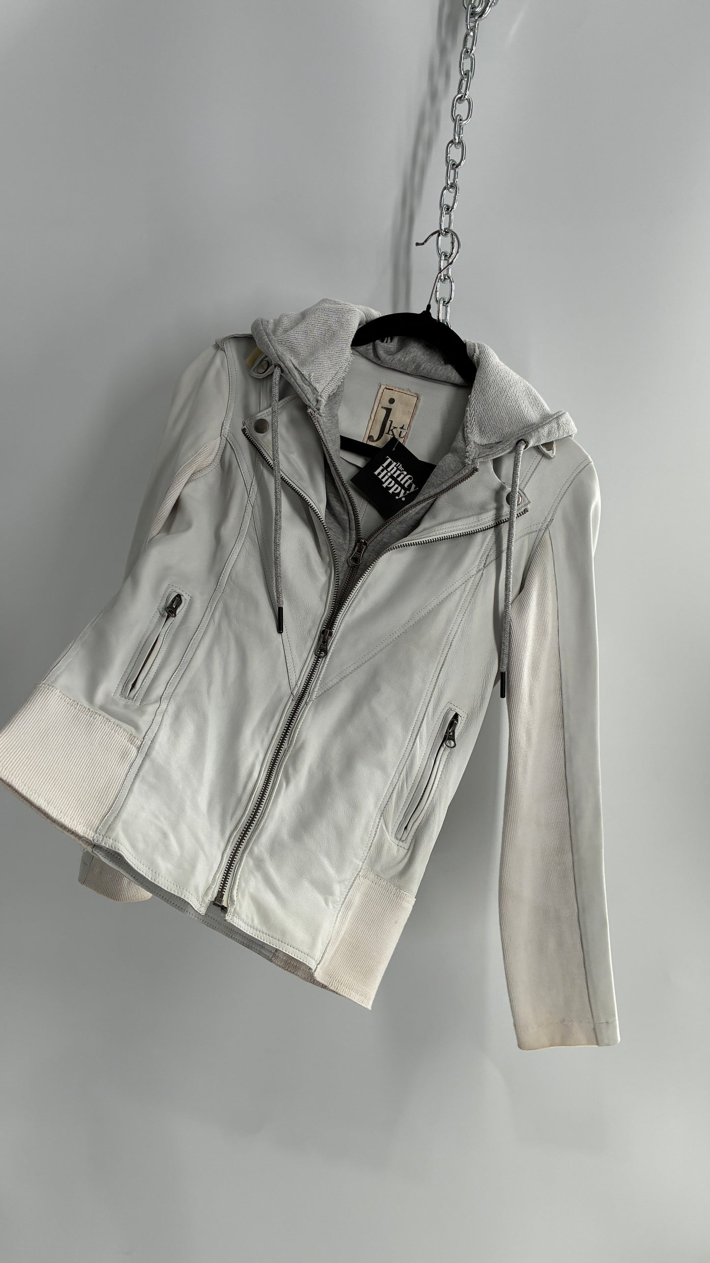 Jakett White Molly Burnished White Genuine Leather Double Layer Moto Jacket with Removable Grey Hoodie Insert (XS)
