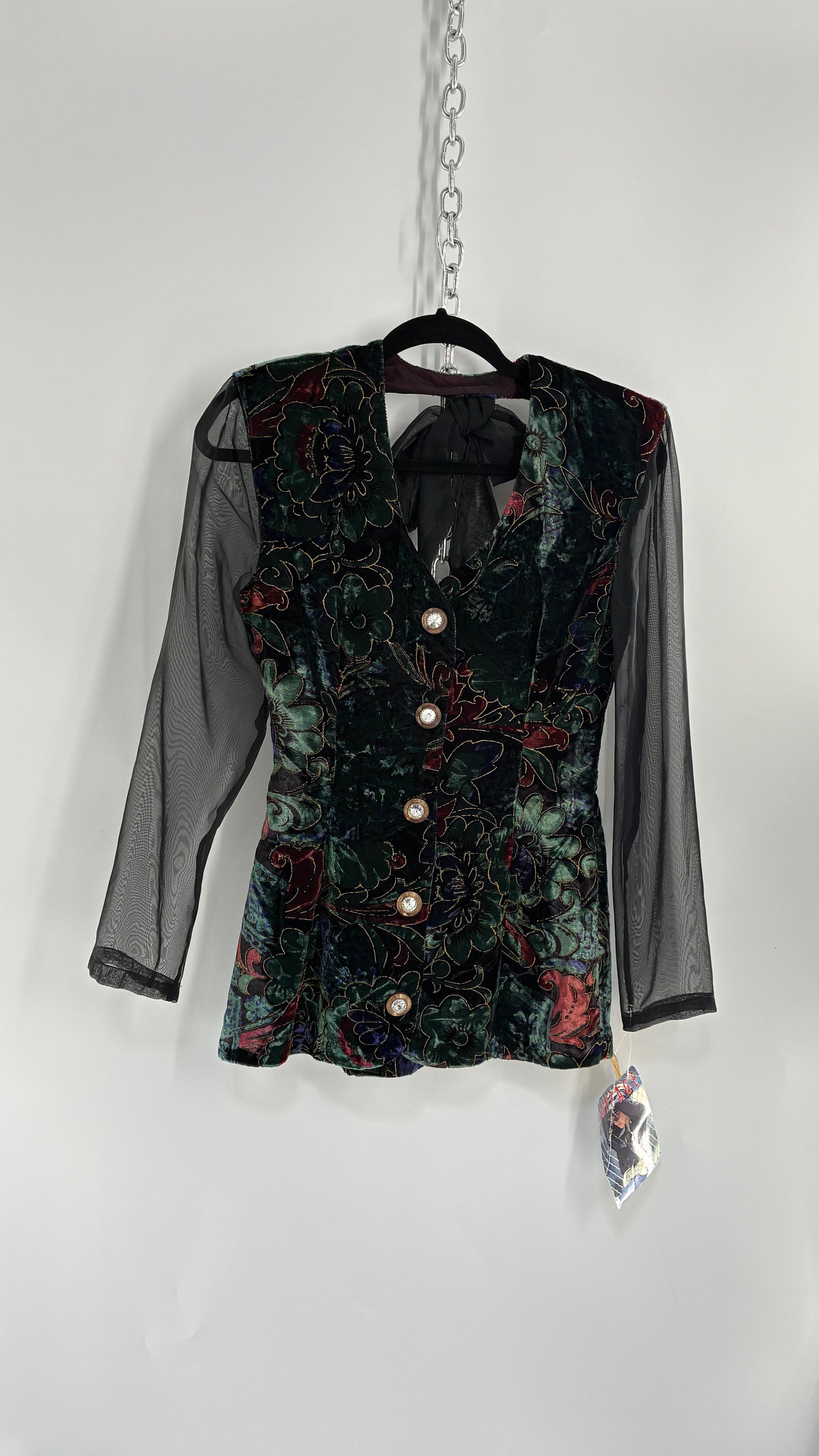 Deadstock Vintage RAMPAGE 1980s Micro Mini Dress Velour with Sheer Bubble Sleeves, Open Back, Elaborate Crystal Buttons and Bow Back Detail (Small)