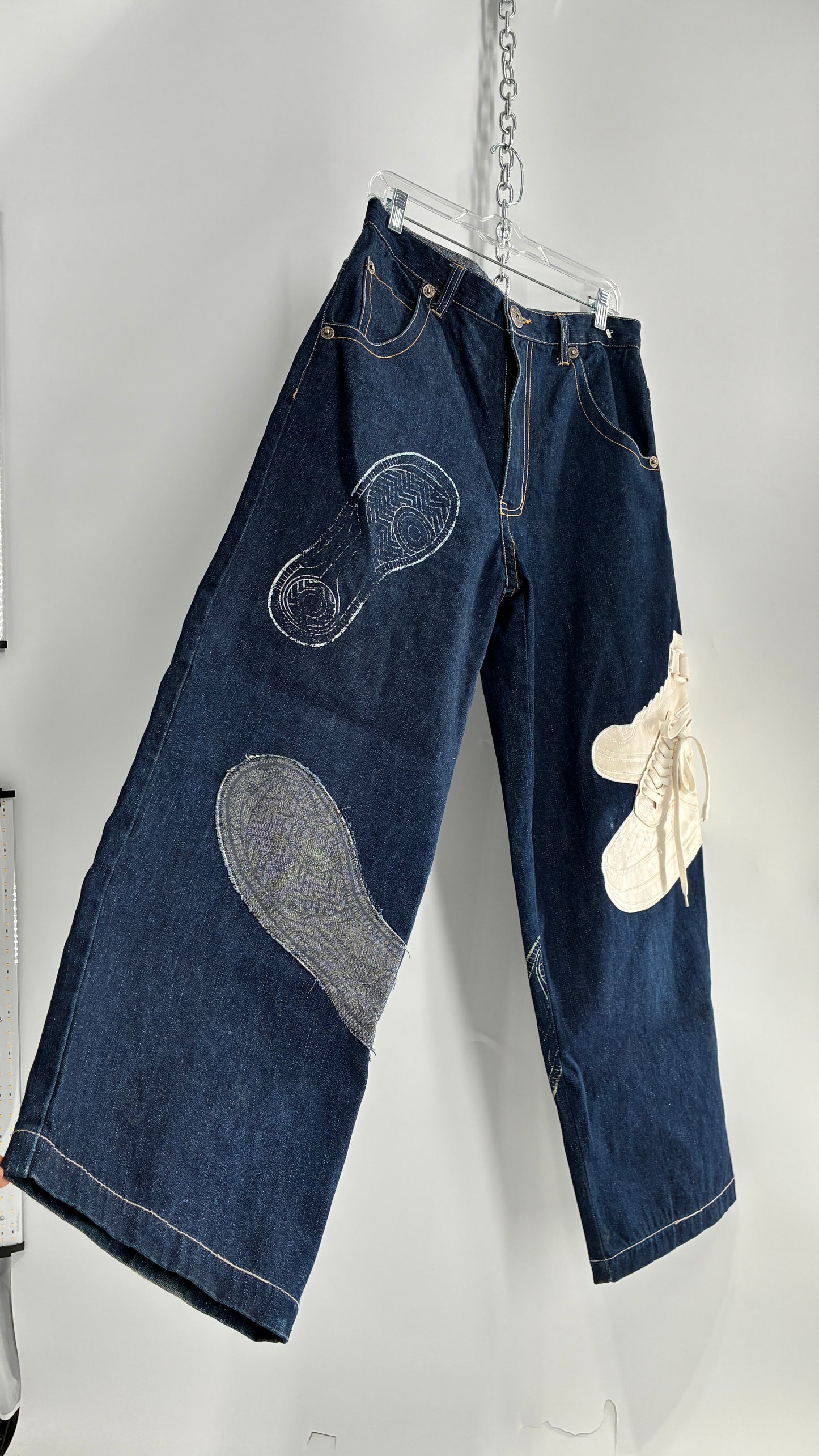 Vintage RAWBLUE Baggy Heavy Denim Wide Legs with AF1 Appliqué (32W/31)