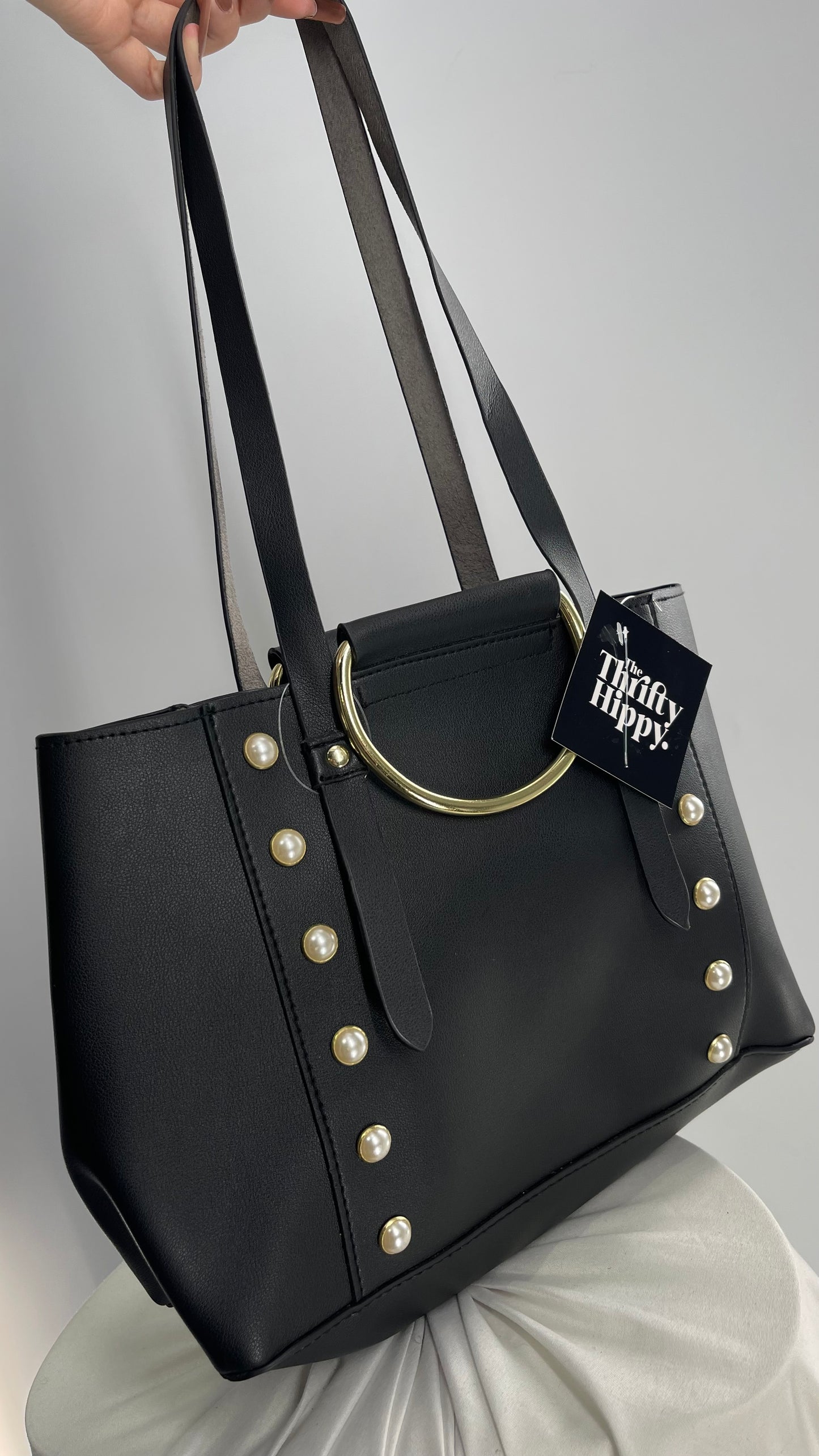Free People Black Vegan Leather Bag with Pearl and Gold Hardware Details