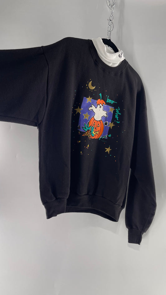 Vintage Black Halloween Graphic Crewneck with White Turtleneck Detail and Boo Embroidery (Large)