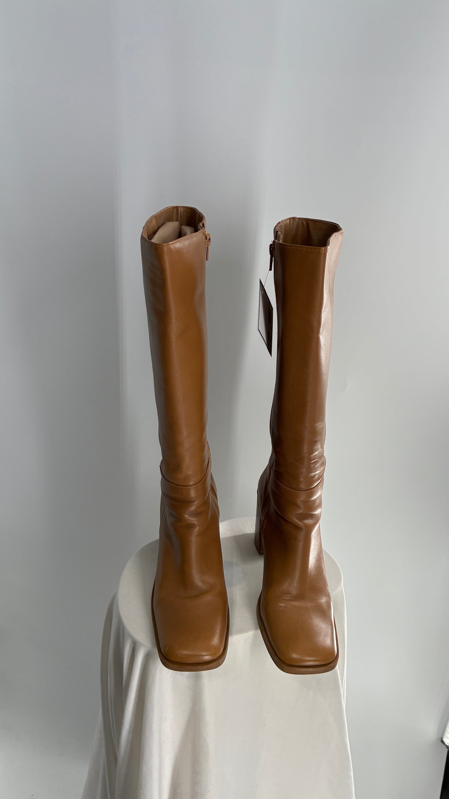 Vintage Strive Genuine Leather Square Toe Knee High Boots with Chunky Block Heel Made in Uruguay (9.5)
