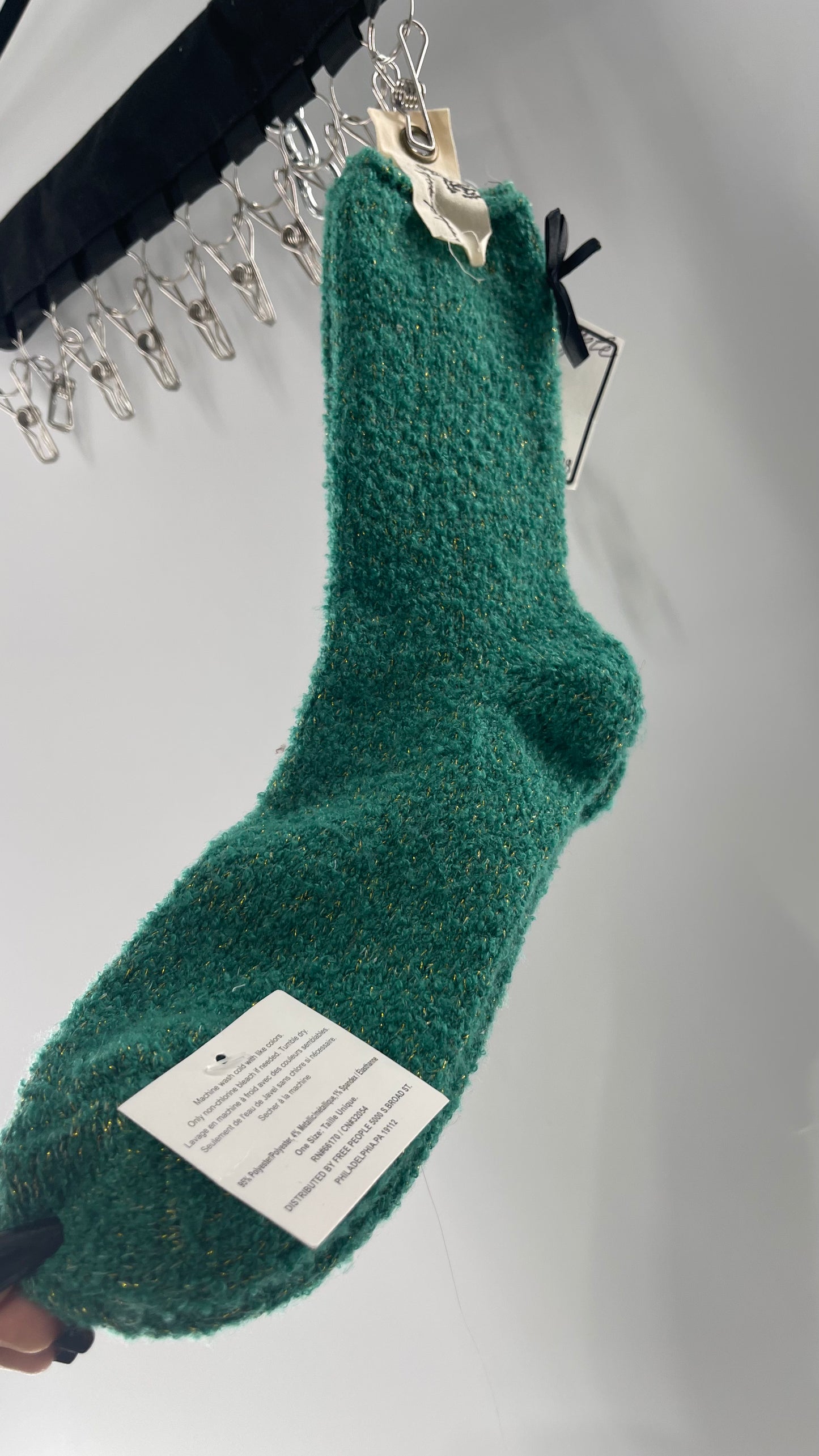 Free People Festive Green Socks with Gold Tinsel and Black Satin Bow Detail