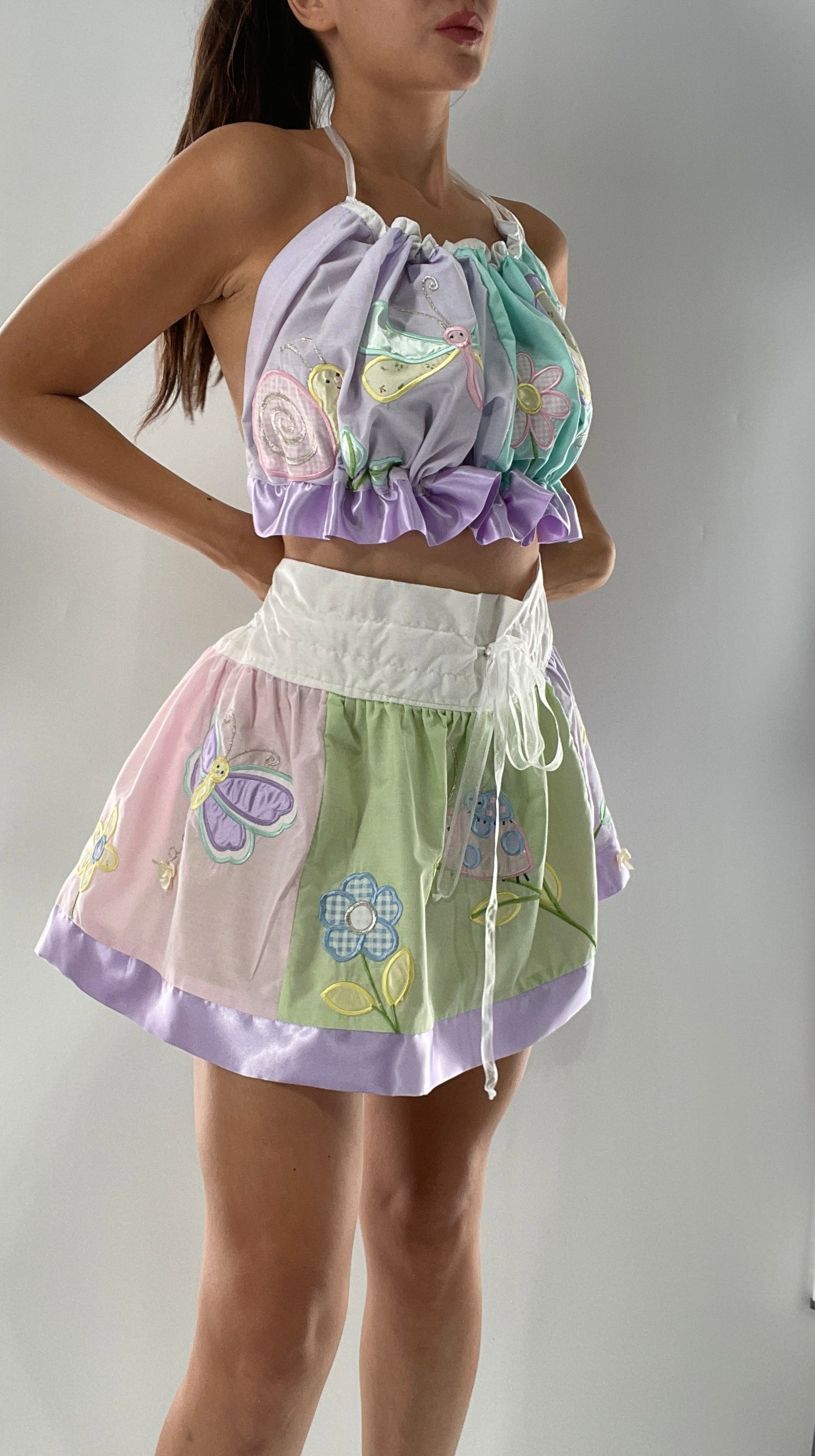 Vintage Custom 2piece Garden Gal Set Covered in Patchwork Butterflies, Dragonflies, Flowers, Snails and Pastels (One Size Fits Most)